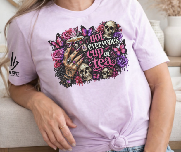Sarcastic goth shirt featuring Not Everyone’s Cup of Tea and skulls
