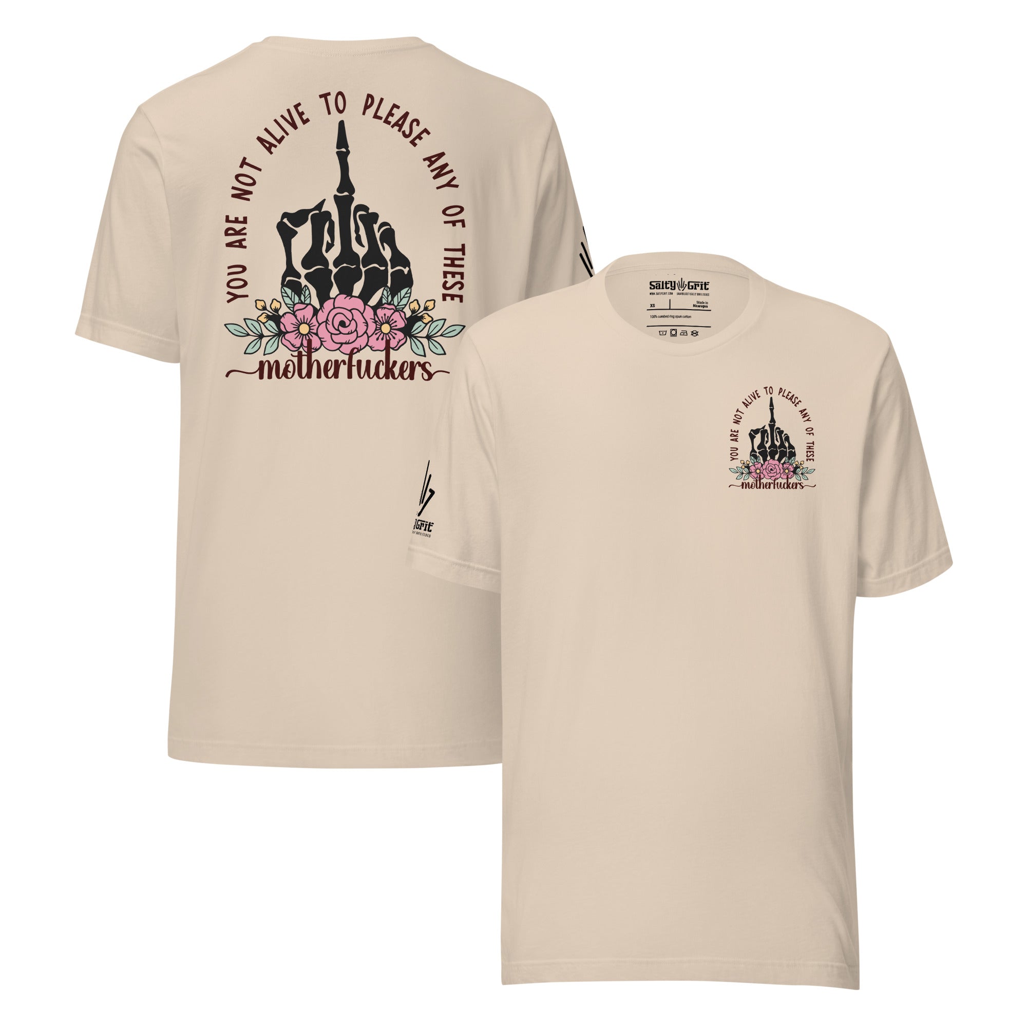 Offensive humor shirt with skeleton giving the bird