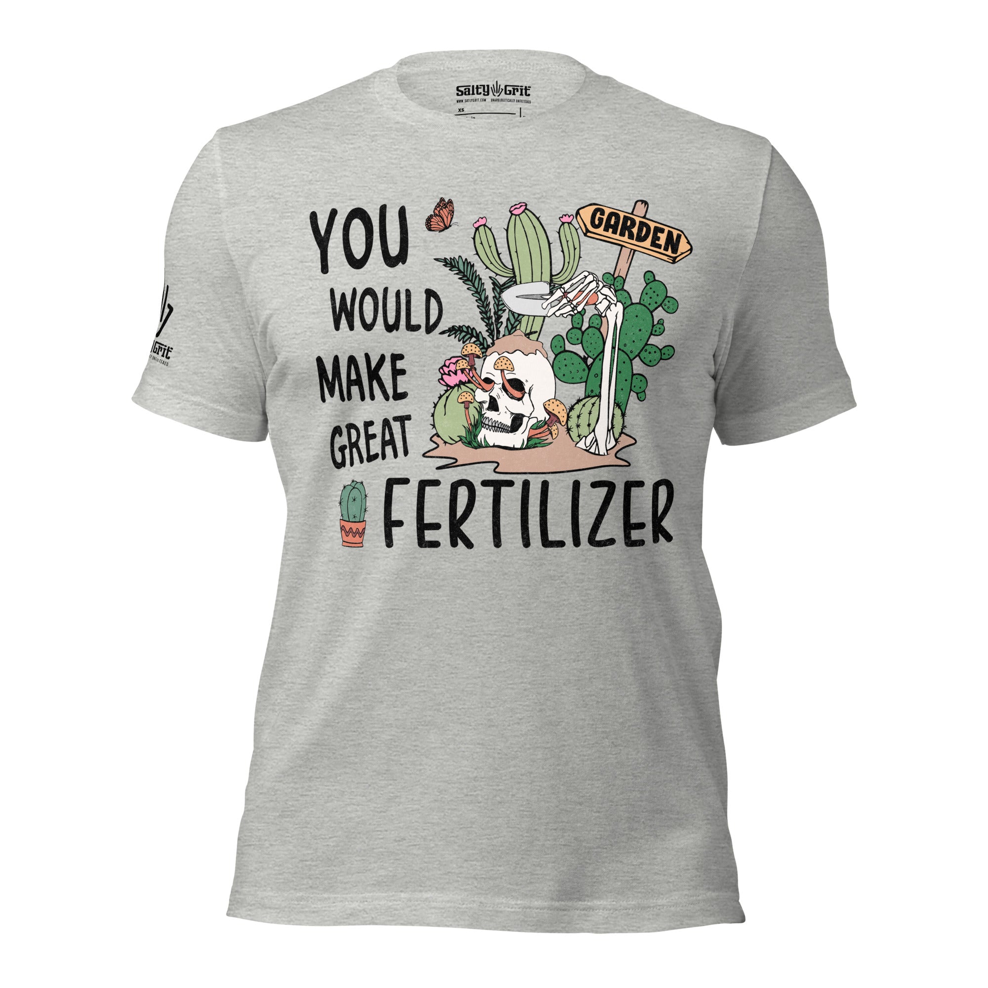Offensive humor apparel for gardeners with buried skull and plants