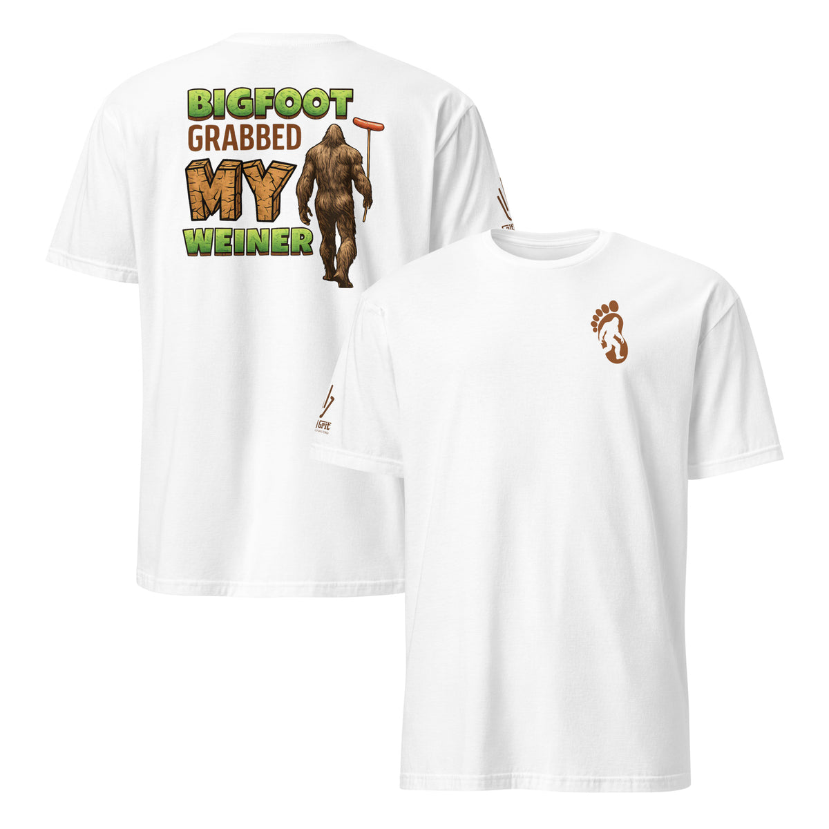 Offensive humor apparel featuring a funny Bigfoot hot dog design