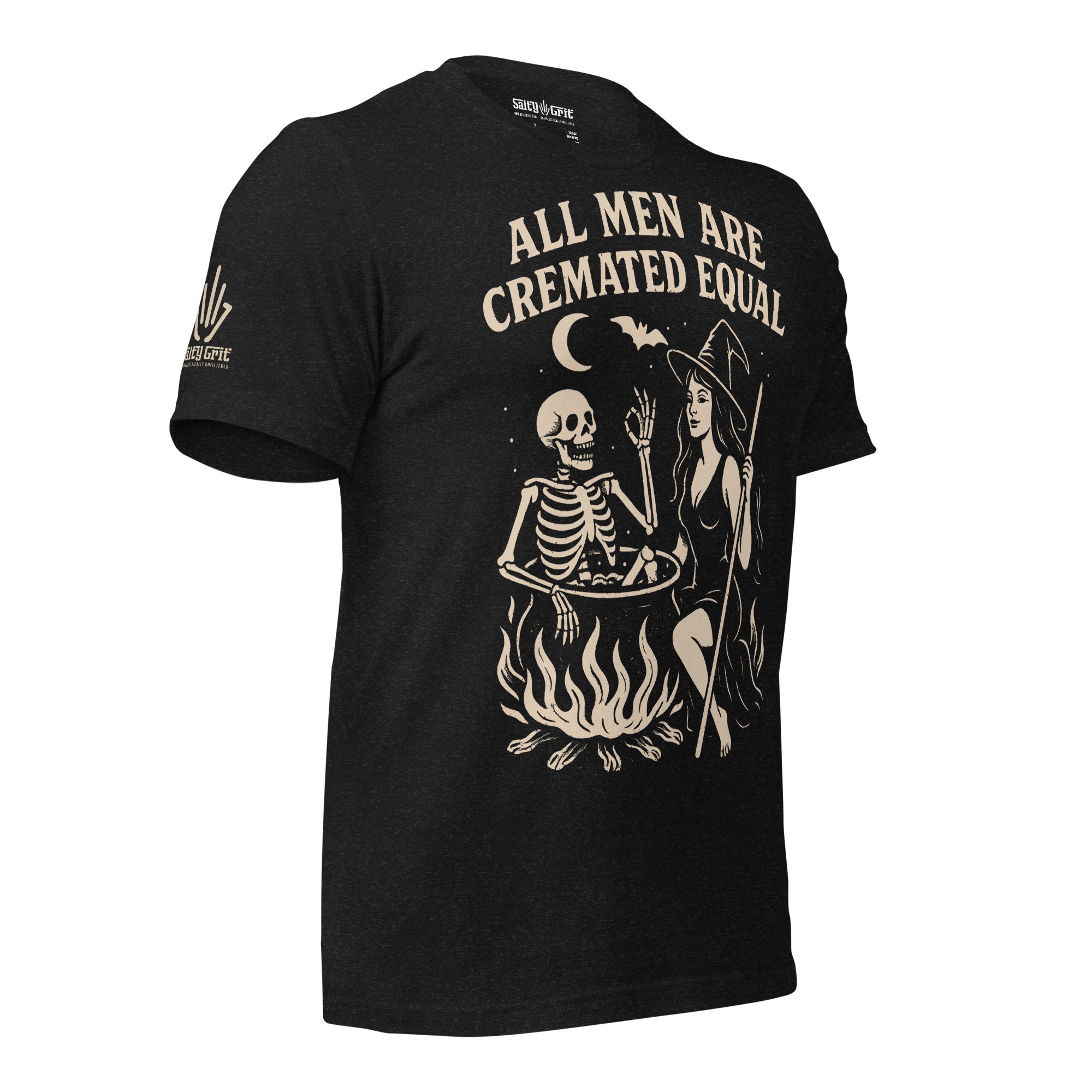 Offensive humor shirt with witch boiling skeleton