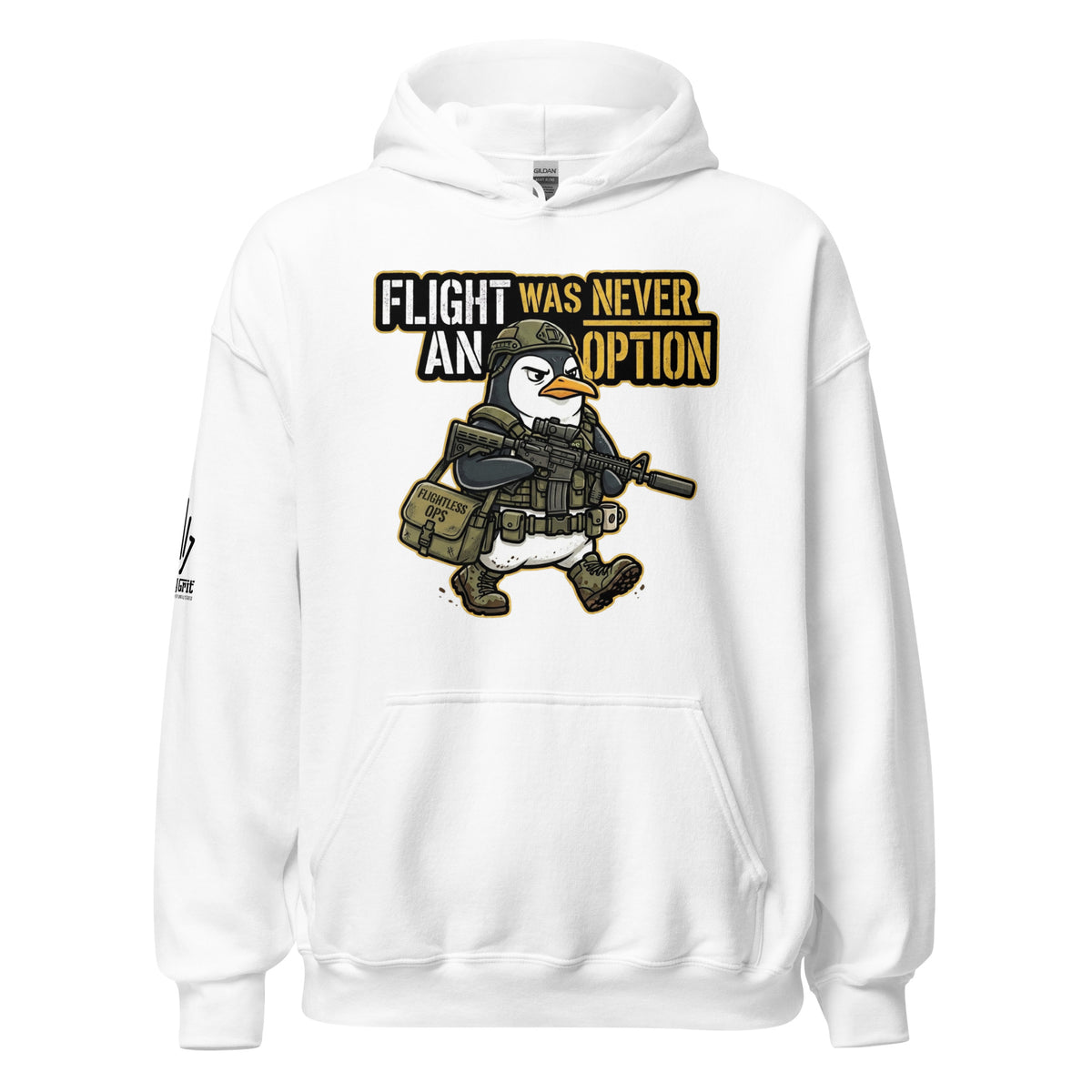 Offensive humor graphic hoodie featuring a tactical penguin