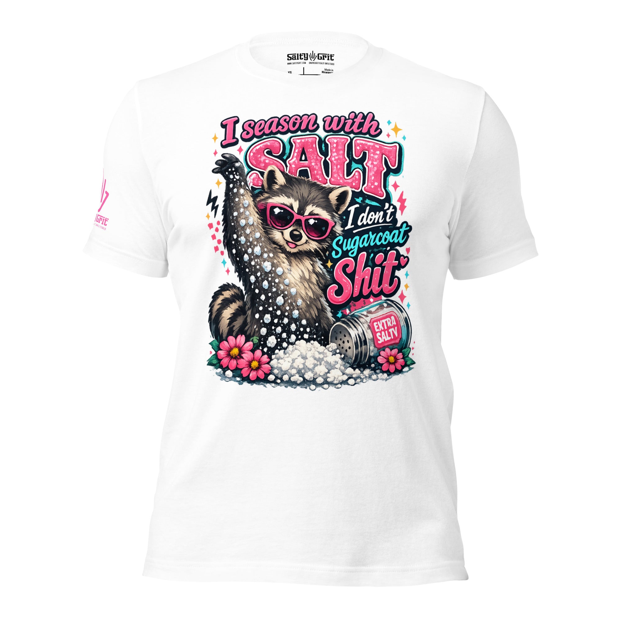 Offensive humor shirt featuring salt-throwing raccoon design