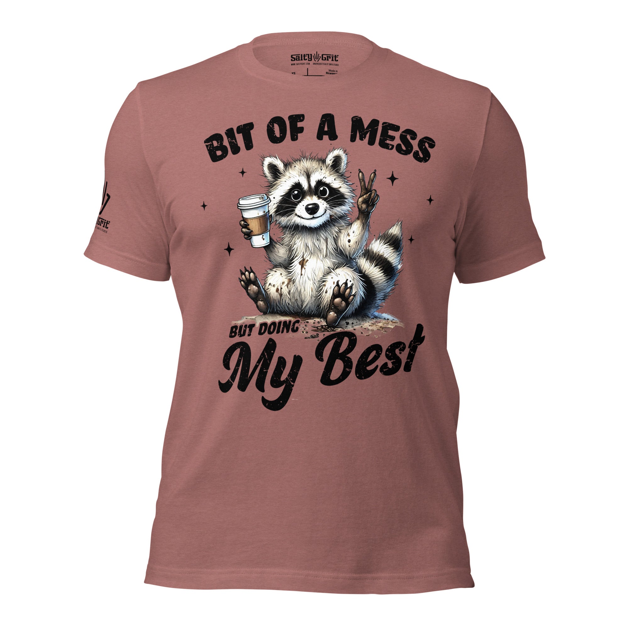Offensive humor shirt featuring raccoon with coffee cup and sarcastic text