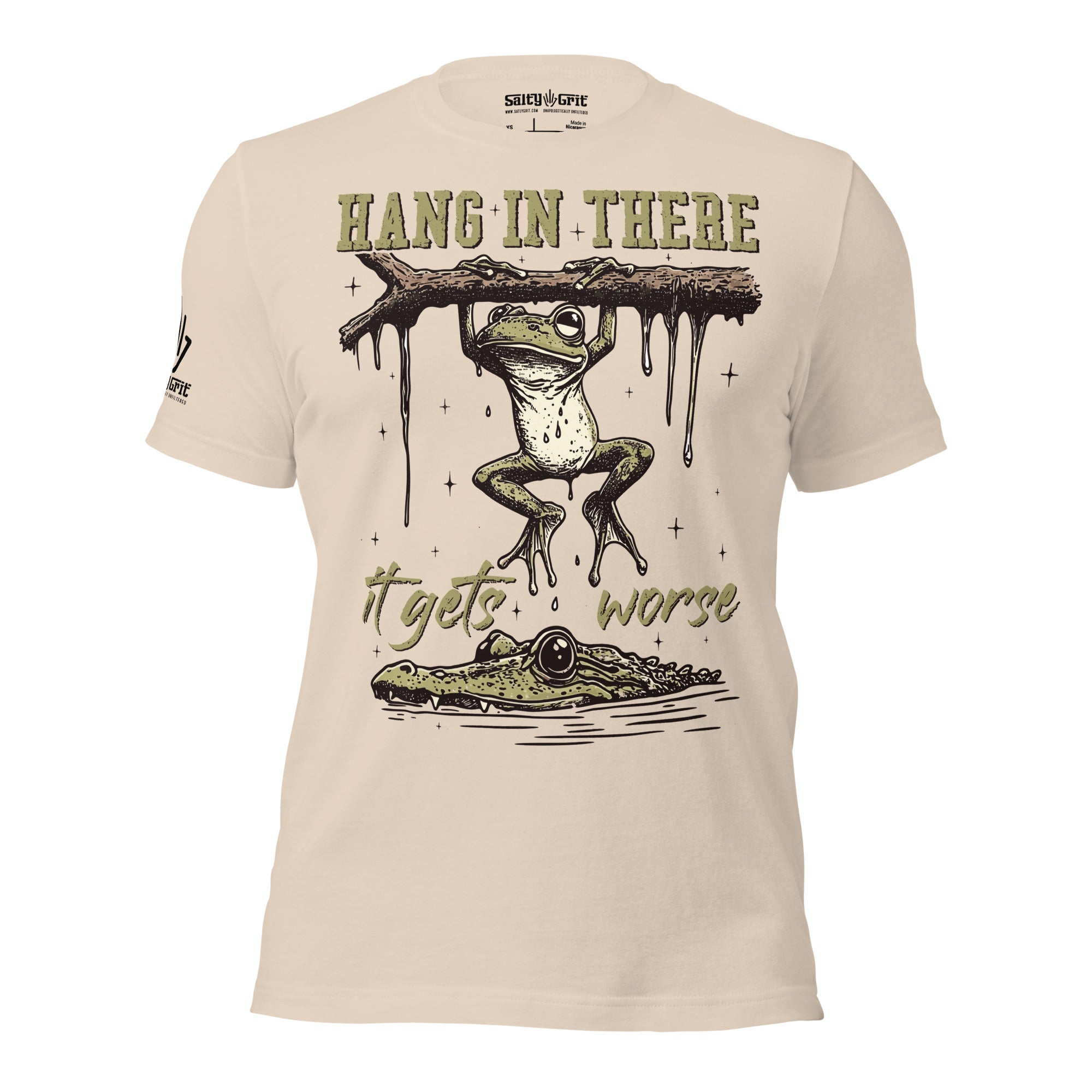 Offensive humor shirt with frog and gator illustration