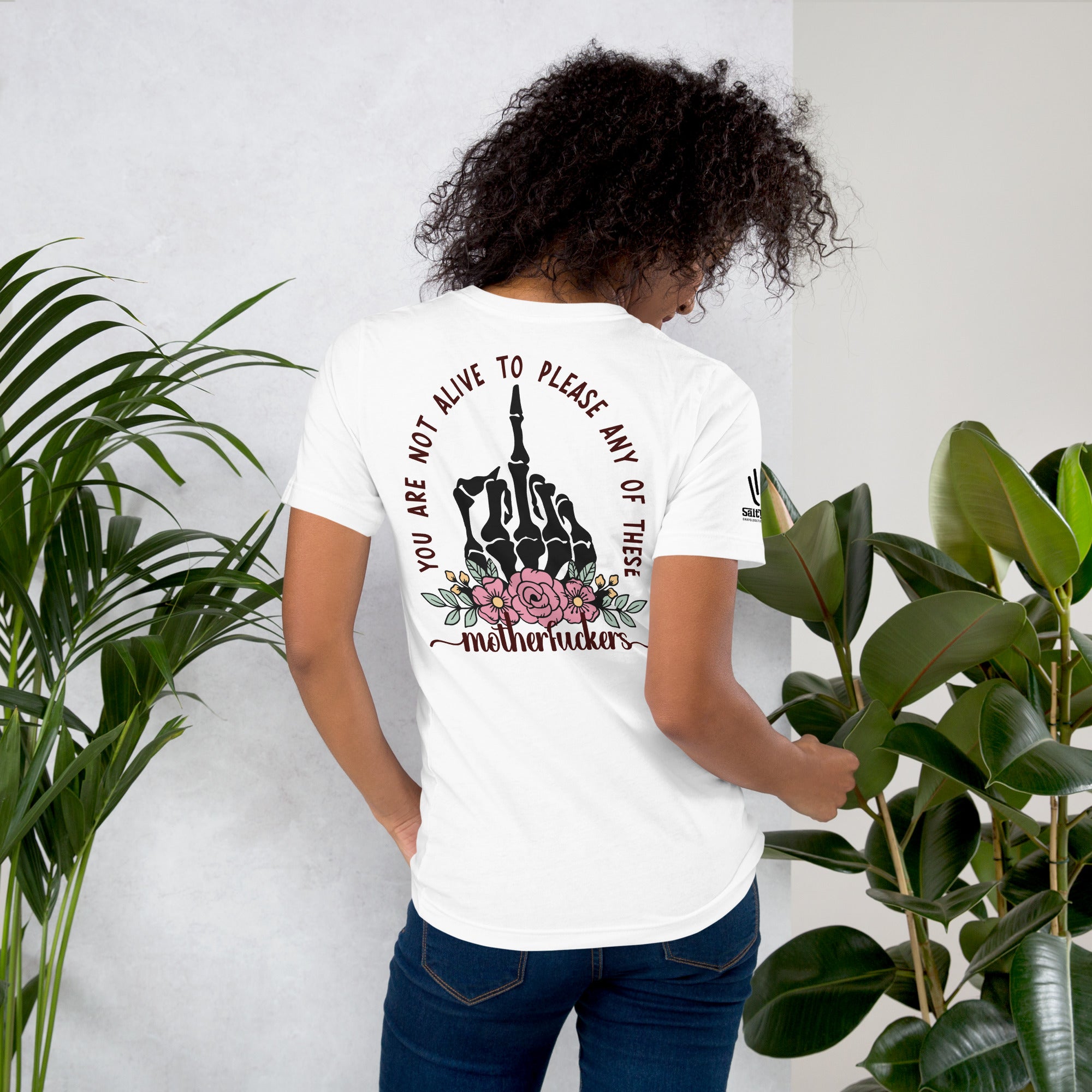 Offensive humor t-shirt with skeleton flipping the bird