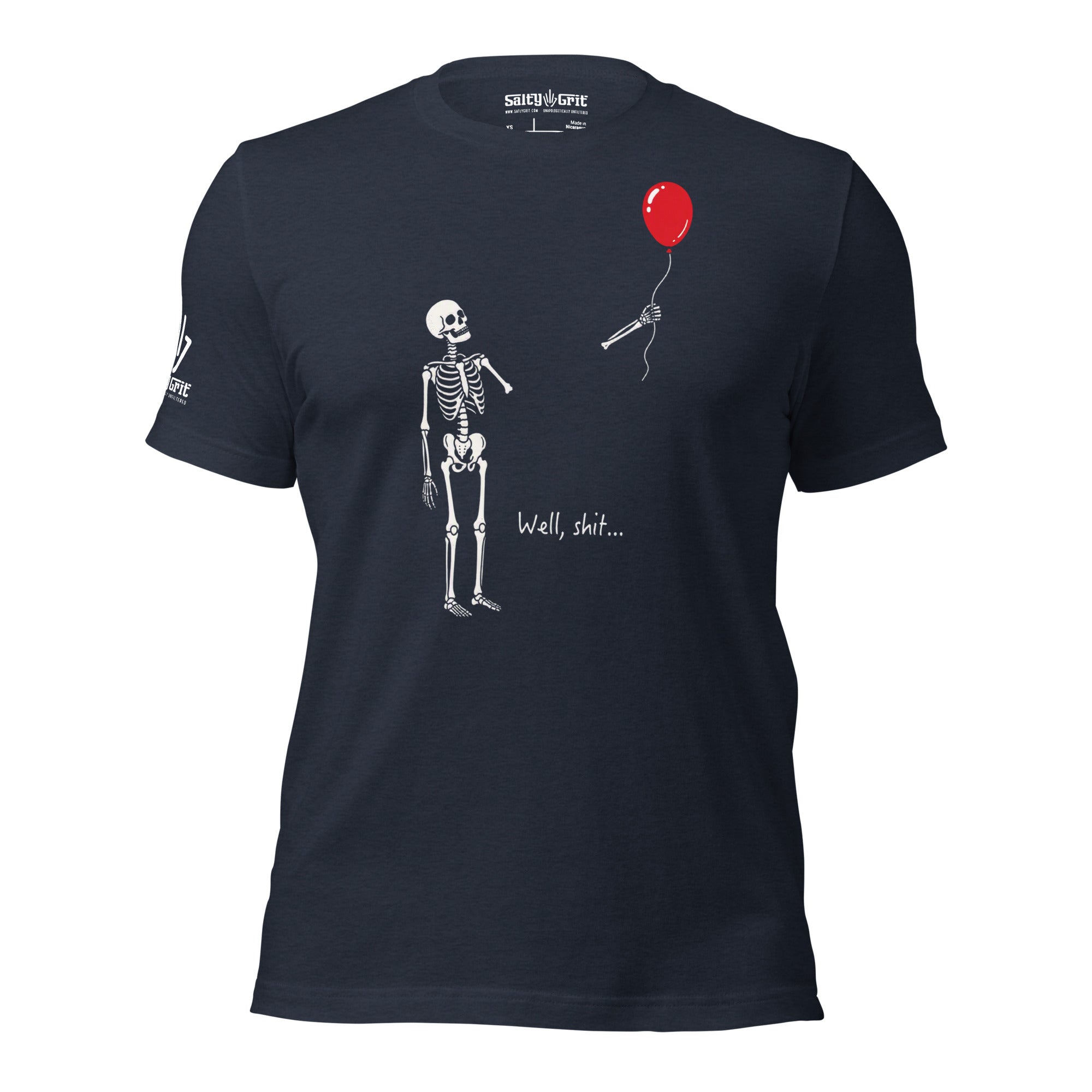 Offensive humor shirt with skeleton and Well Shit quote