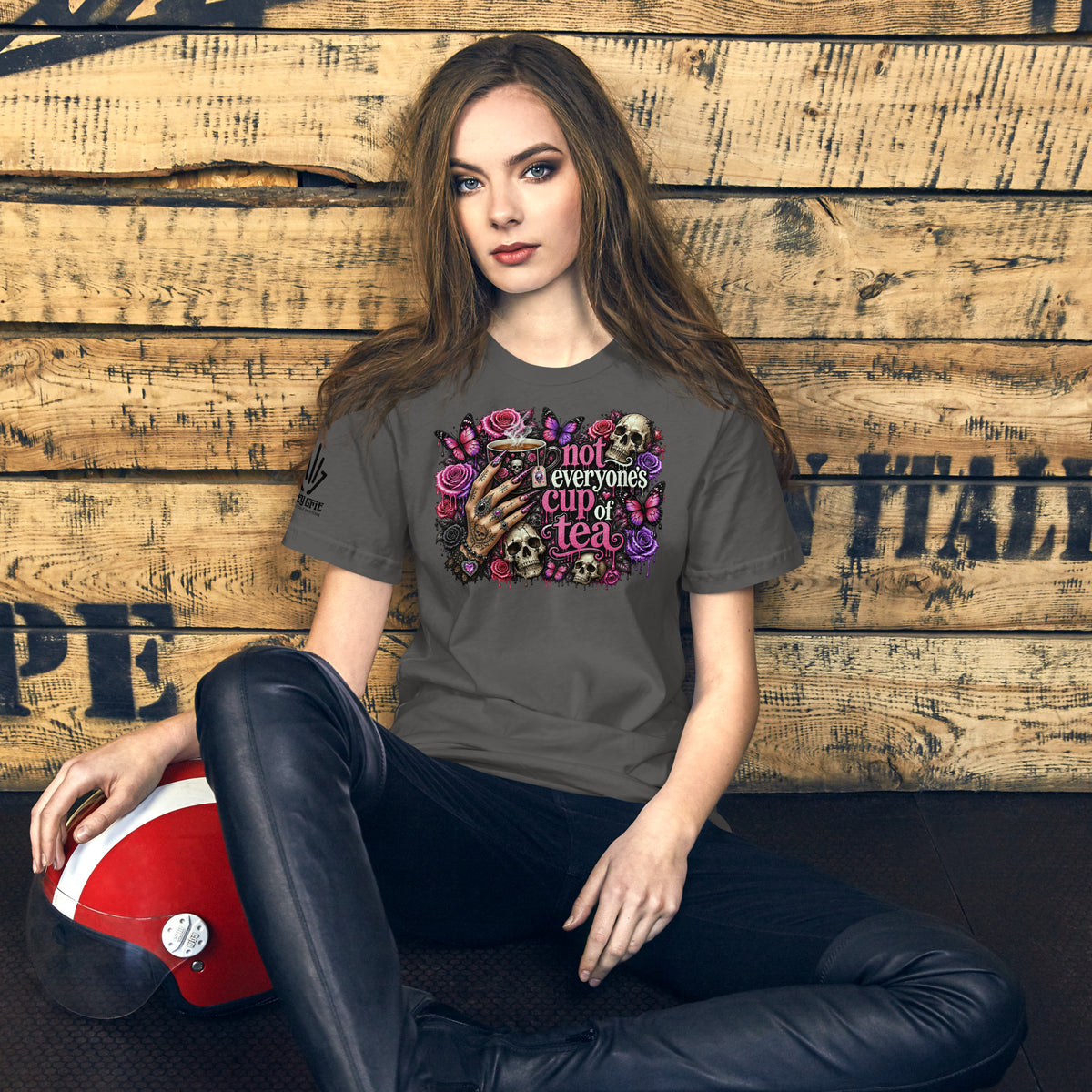 Offensive humor shirt featuring skulls, roses, and Not Everyone’s Cup of Tea