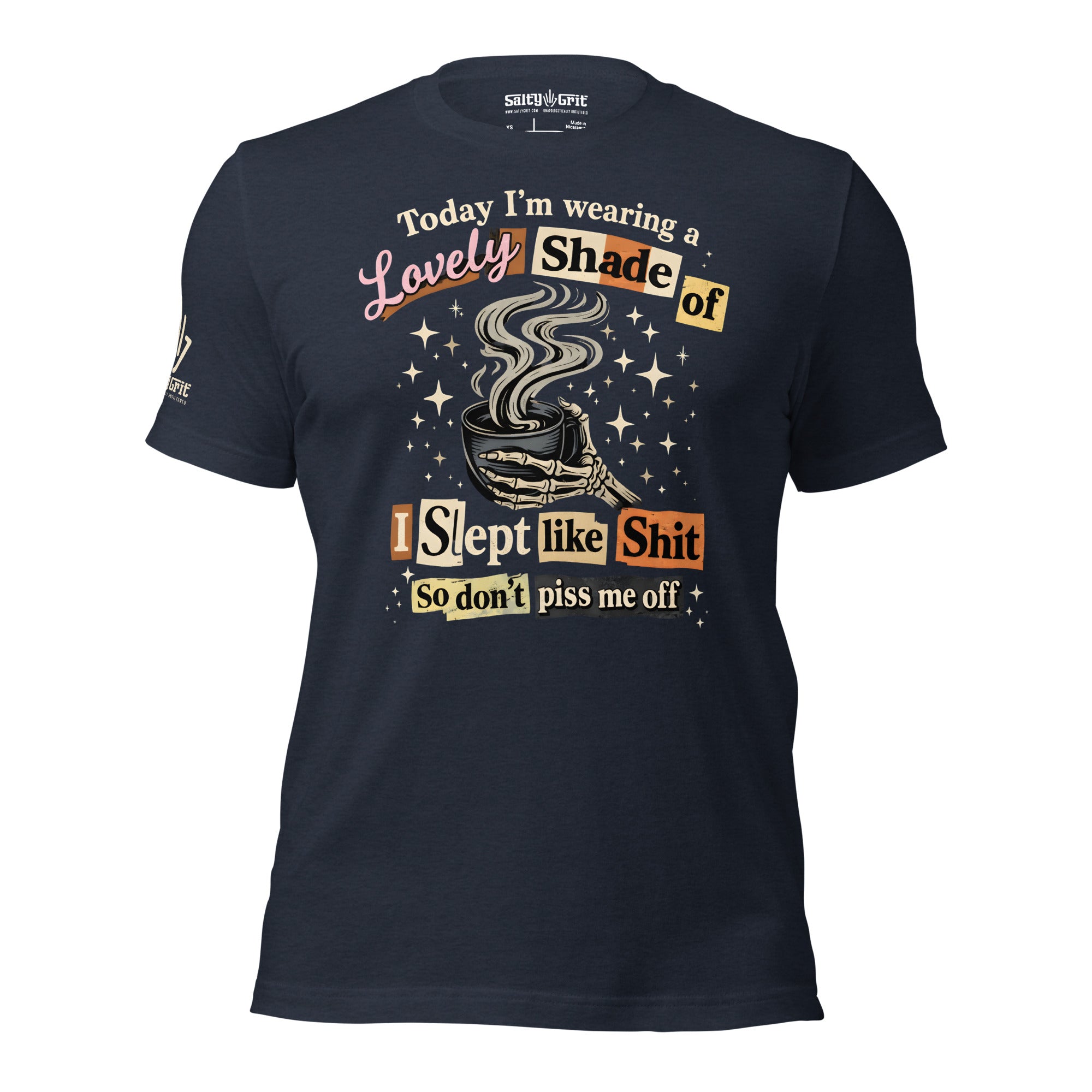 Offensive humor shirt about being sleep deprived with skeleton hand design