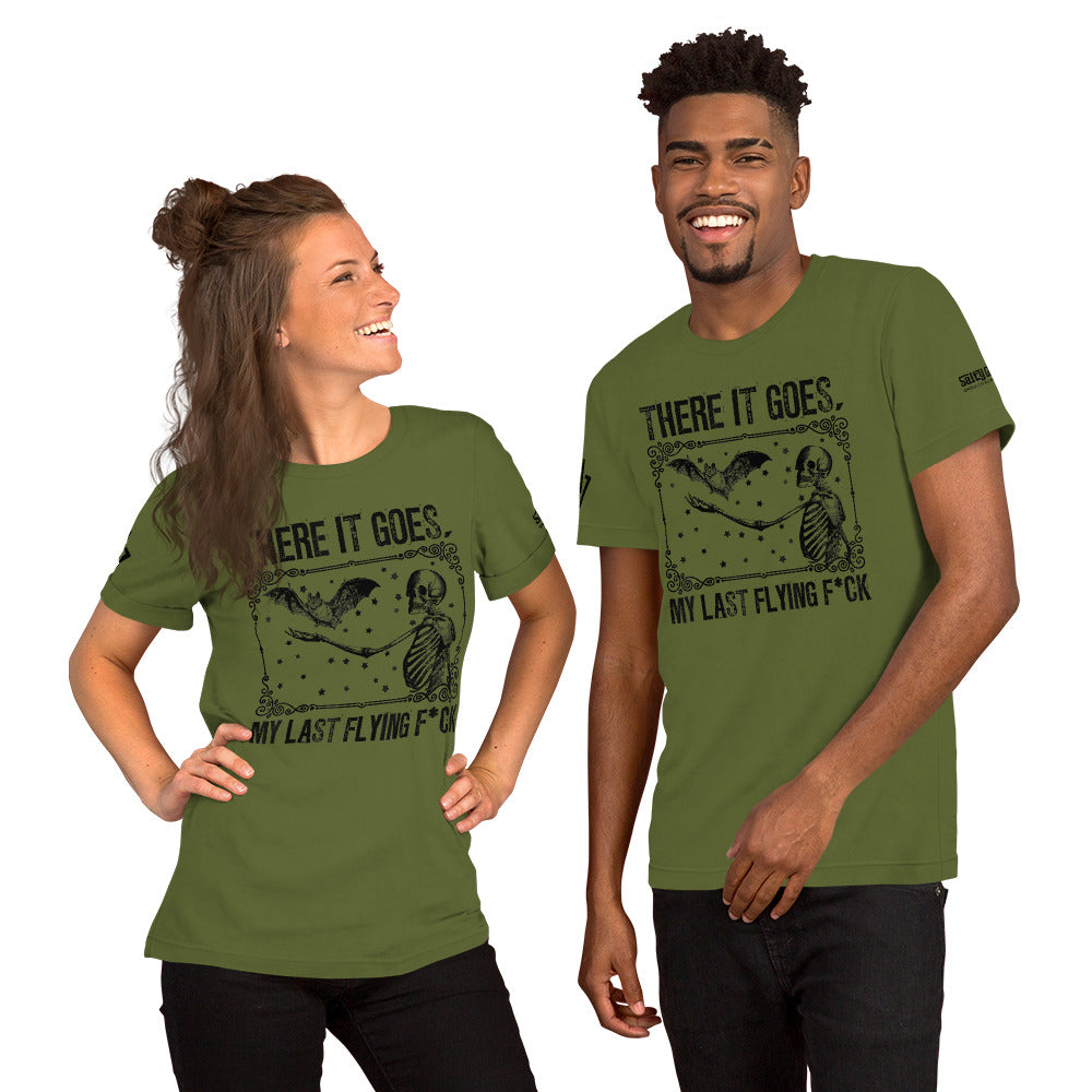 Offensive humor shirt featuring a sarcastic skeleton and flying bat design