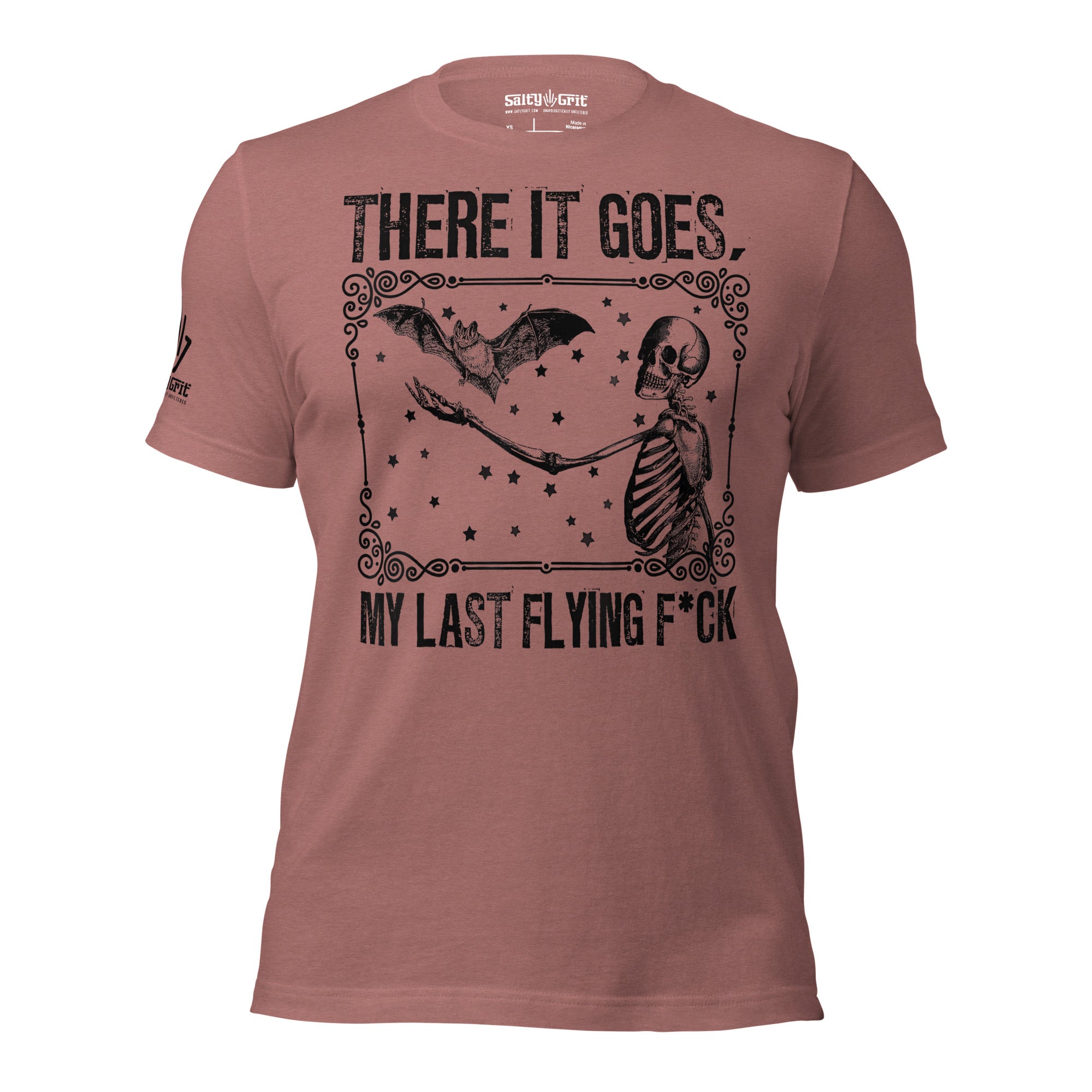 Funny t-shirt for people out of fucks featuring a skeleton and flying bat