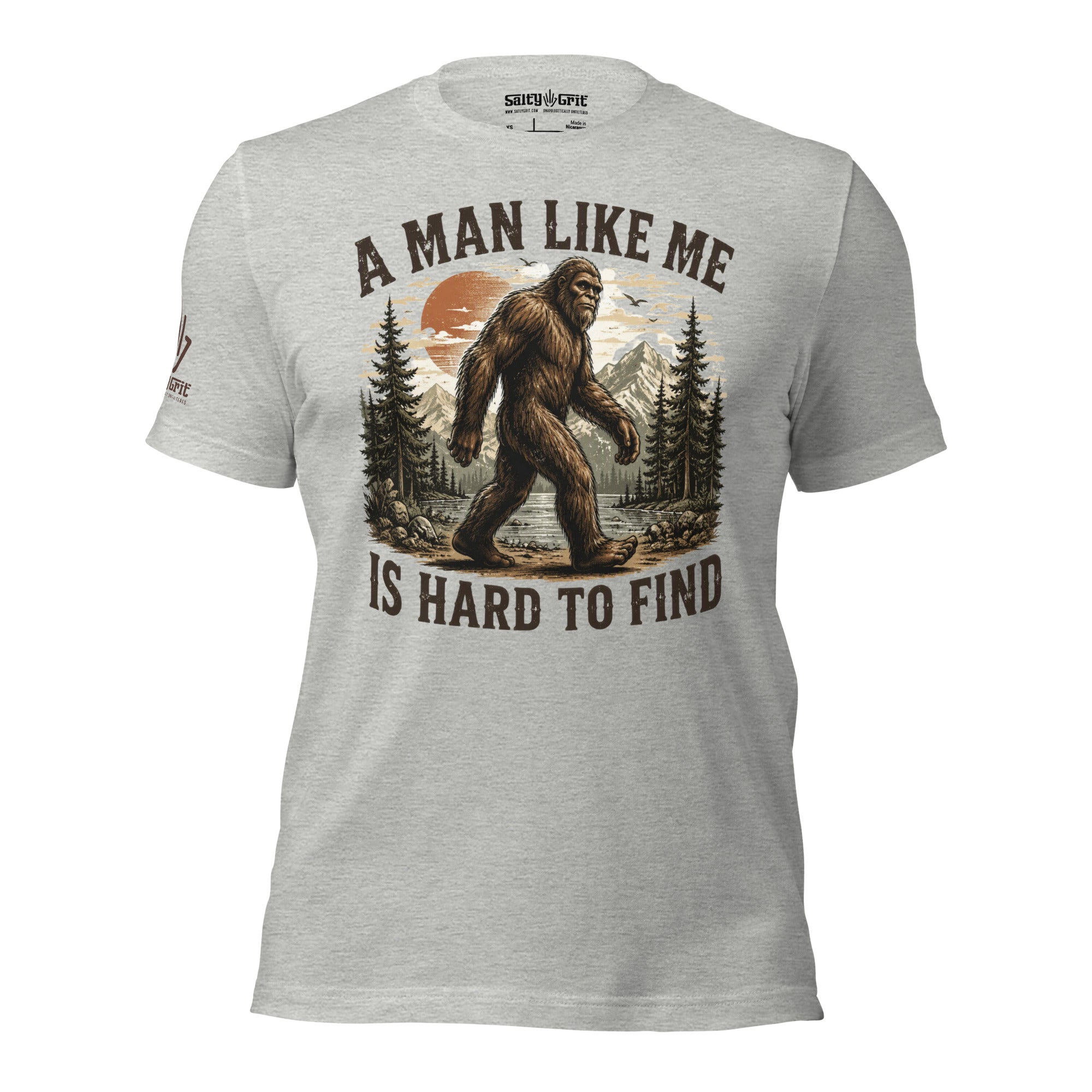 Funny graphic tee for outdoorsmen featuring a Bigfoot illustration