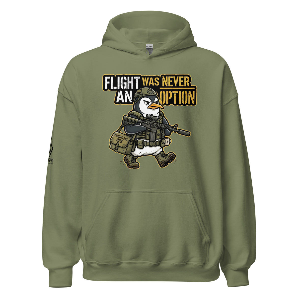 Penguin graphic hoodie with funny military humor design