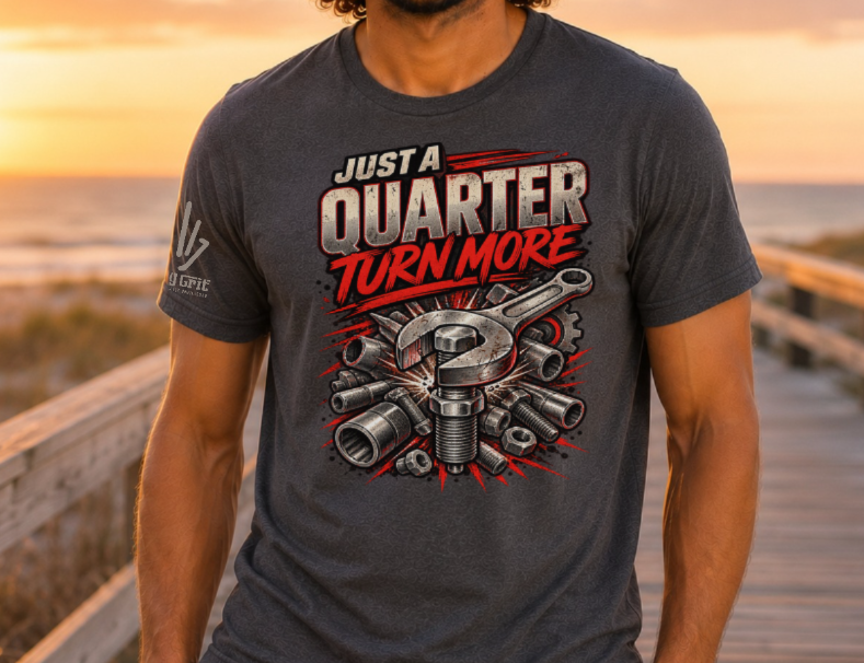 Detailed graphic of a wrench, screws, nuts, and bolts surrounding a mechanic-themed saying.