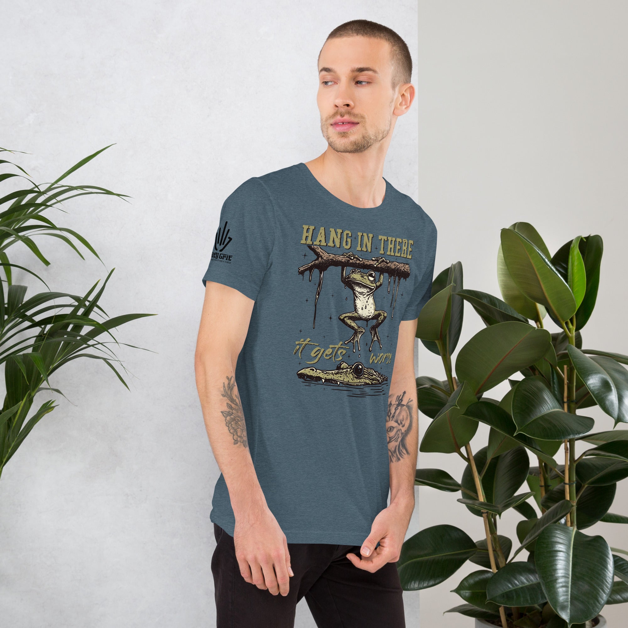 Graphic tee for realists with hang in there it gets worse message