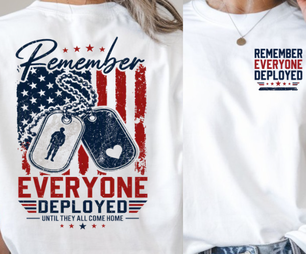 Remember Everyone Deployed patriotic shirt with American flag and military dog tags