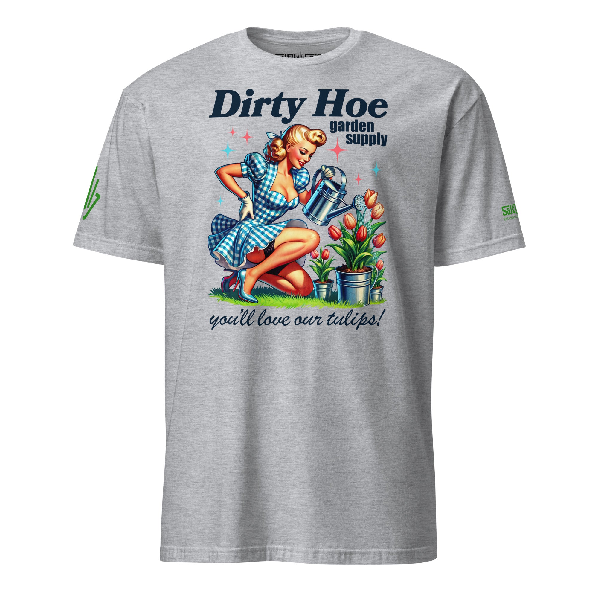 Retro 70s gardening shirt featuring a woman tending her tulip garden