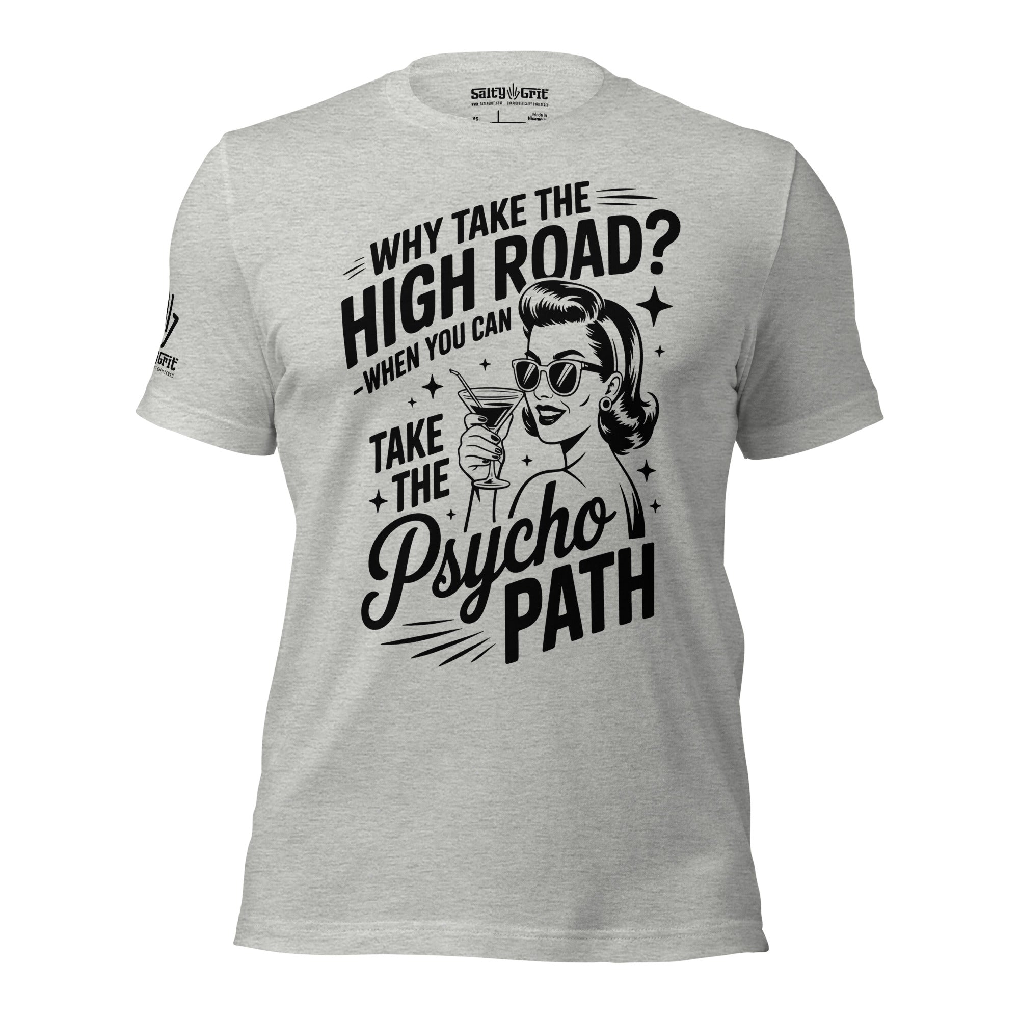 Retro-style lady holding martini on sarcastic graphic tee