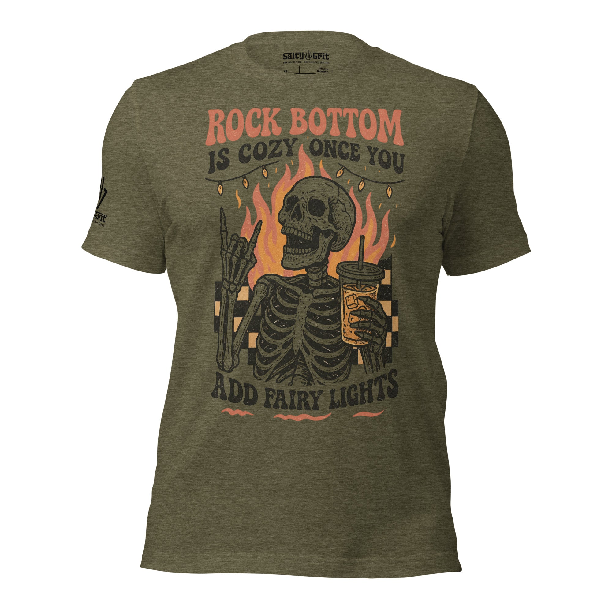 Rock Bottom Is Cozy Once You Add Fairy Lights sarcastic skeleton shirt