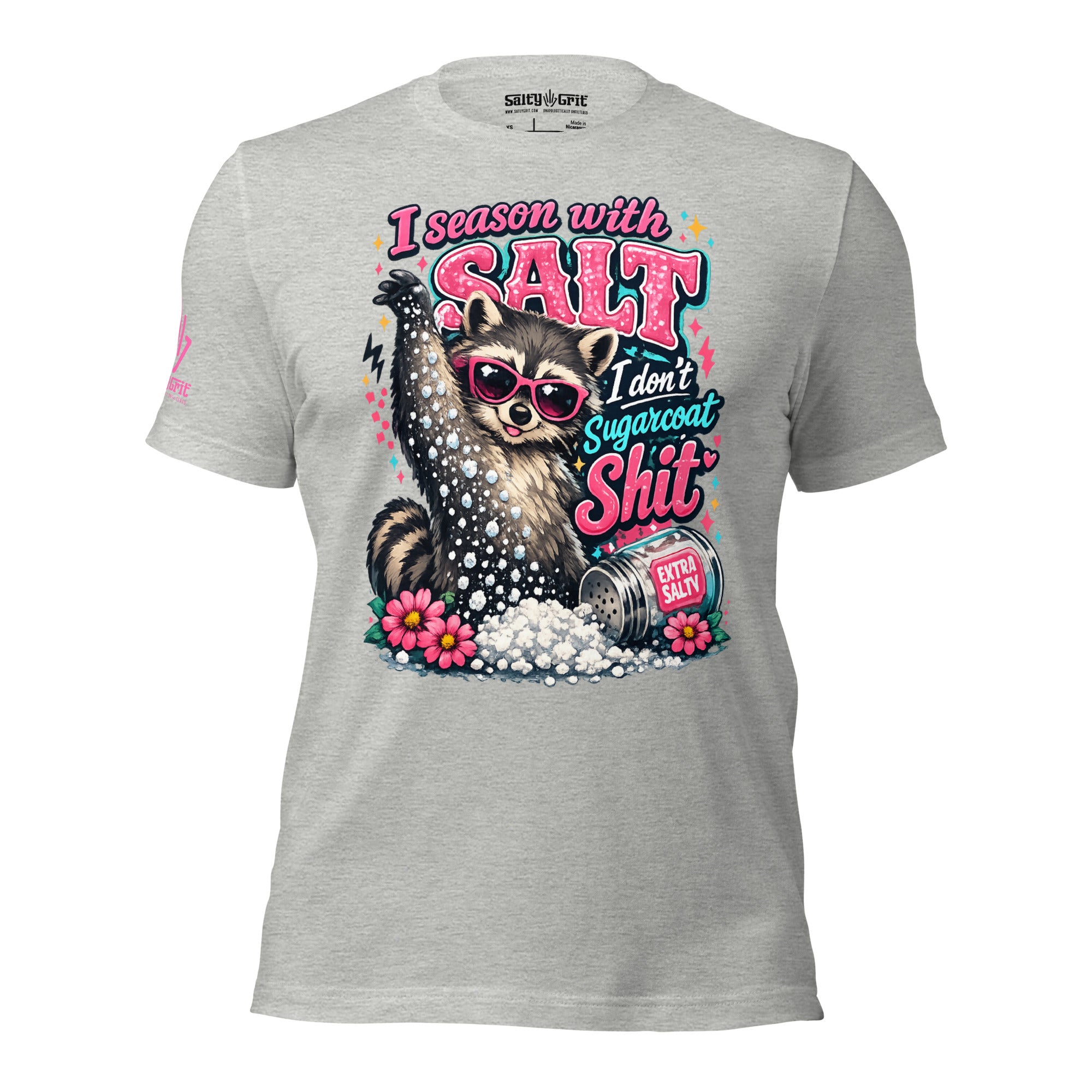 Funny t-shirt featuring a raccoon tossing salt with sarcastic quote