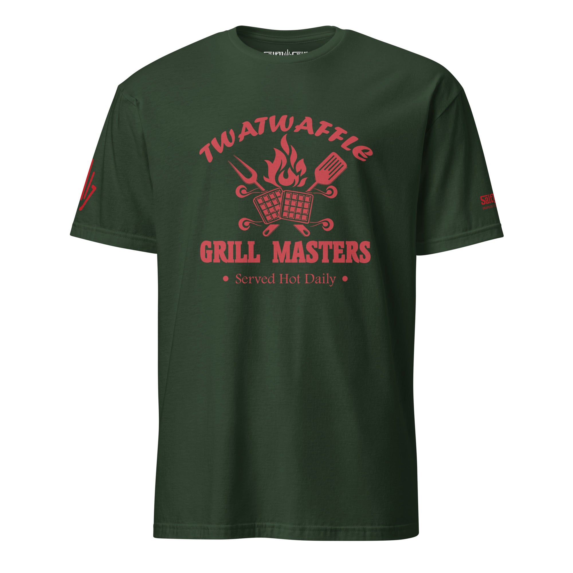 Sarcastic BBQ grill humor t-shirt featuring waffles and grill utensils