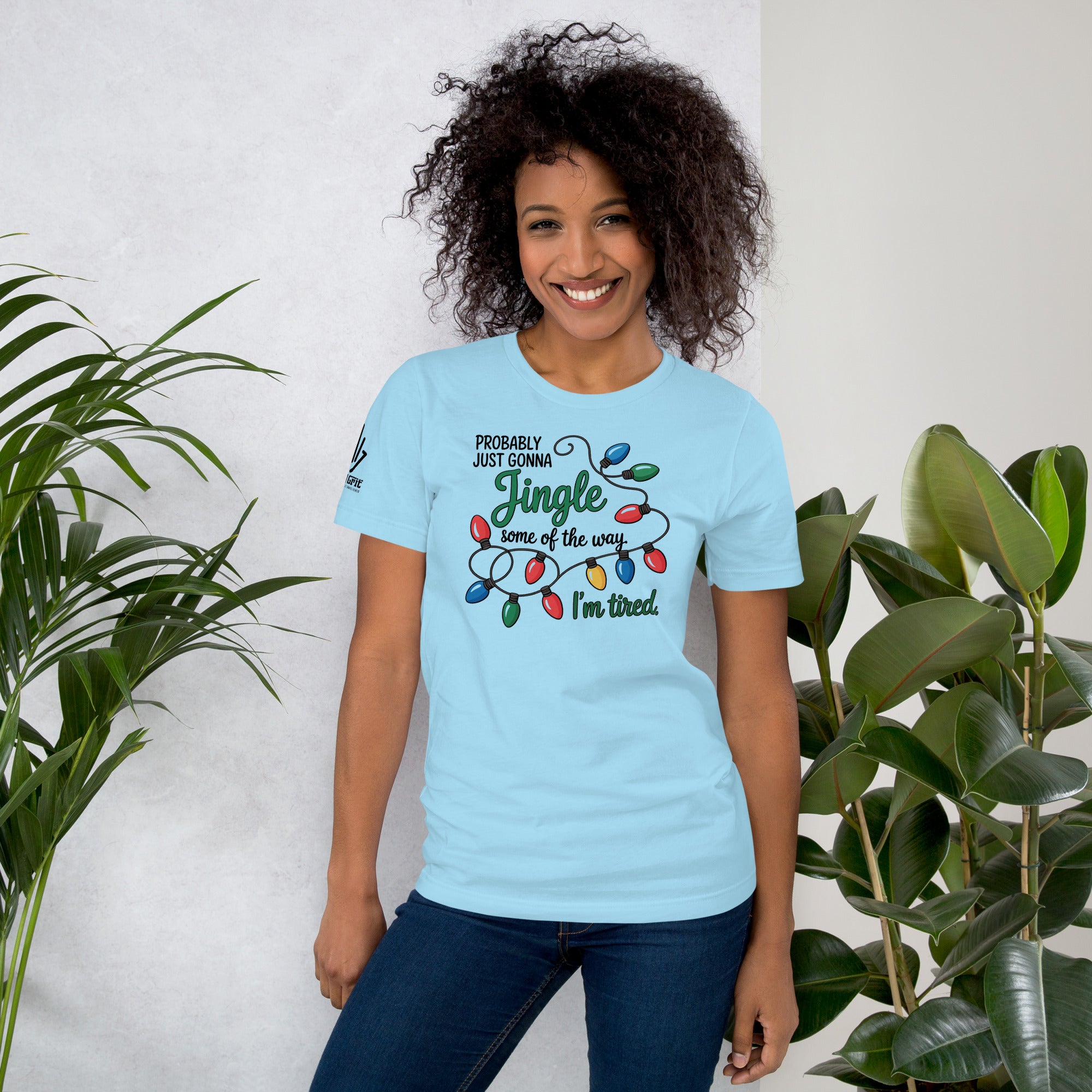 Sarcastic Christmas graphic tee with tired holiday slogan and lights