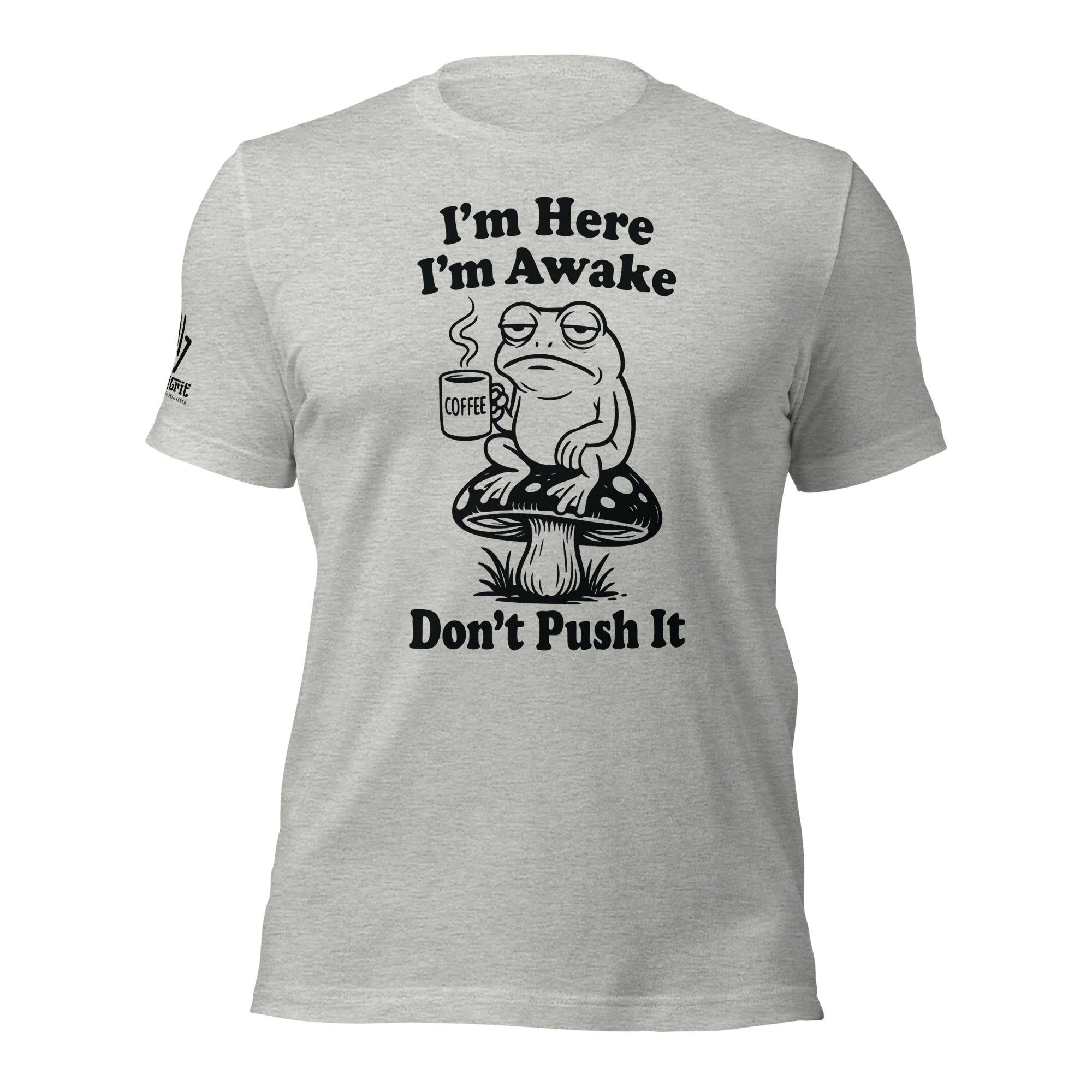 Sarcastic coffee graphic tee with frog sitting on mushroom holding coffee