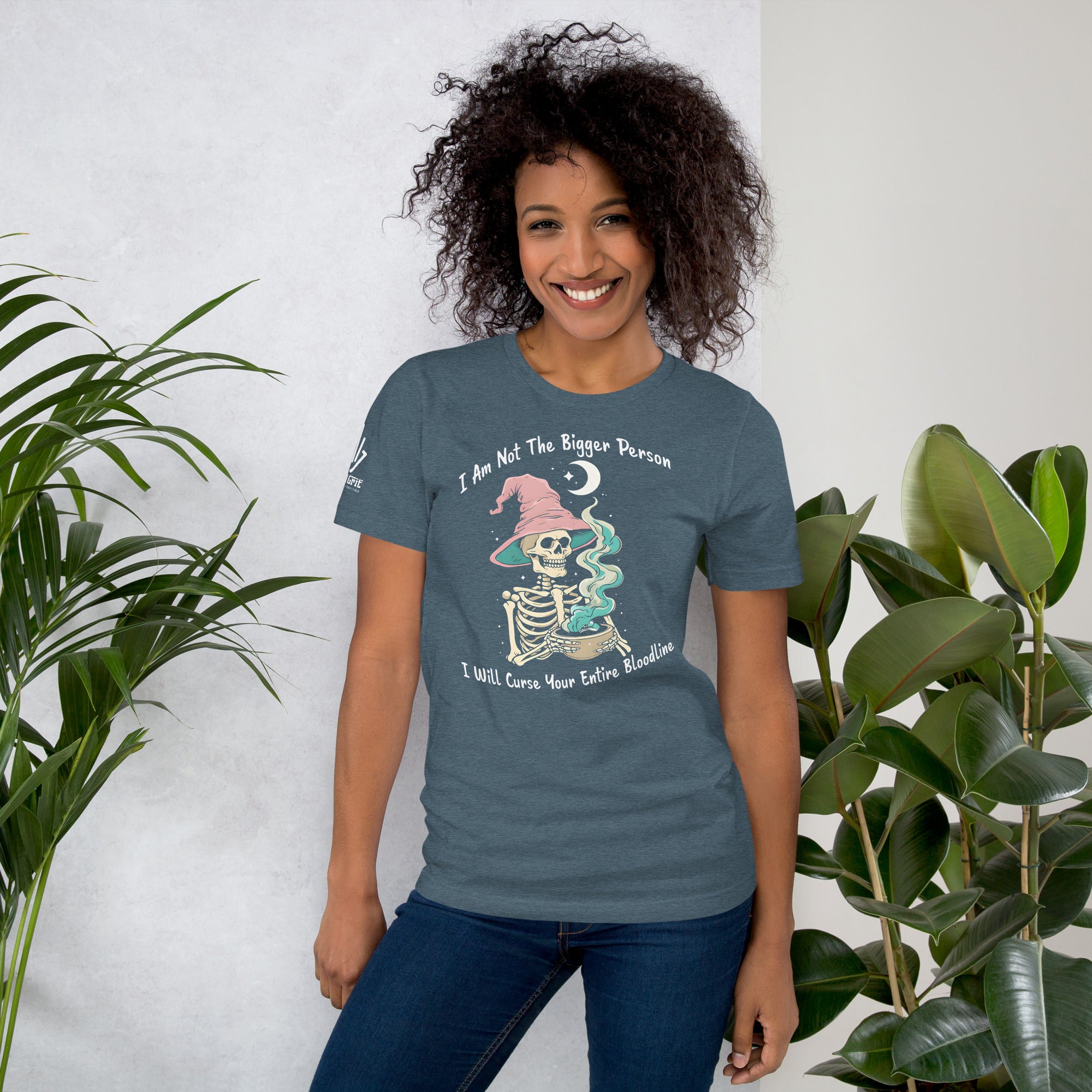 Inappropriate humor t-shirt with witchy skeleton brewing spell