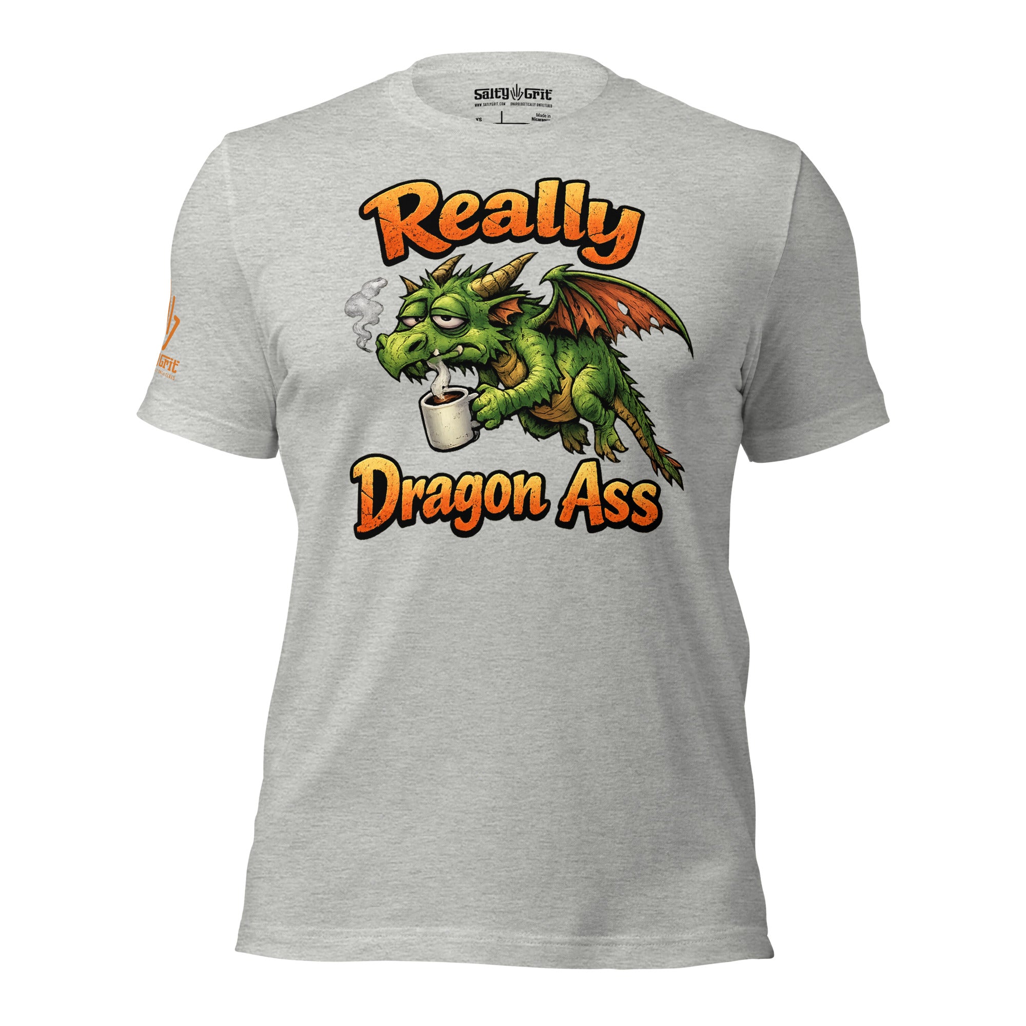 Sarcastic t-shirt featuring a sleepy dragon fueled by coffee