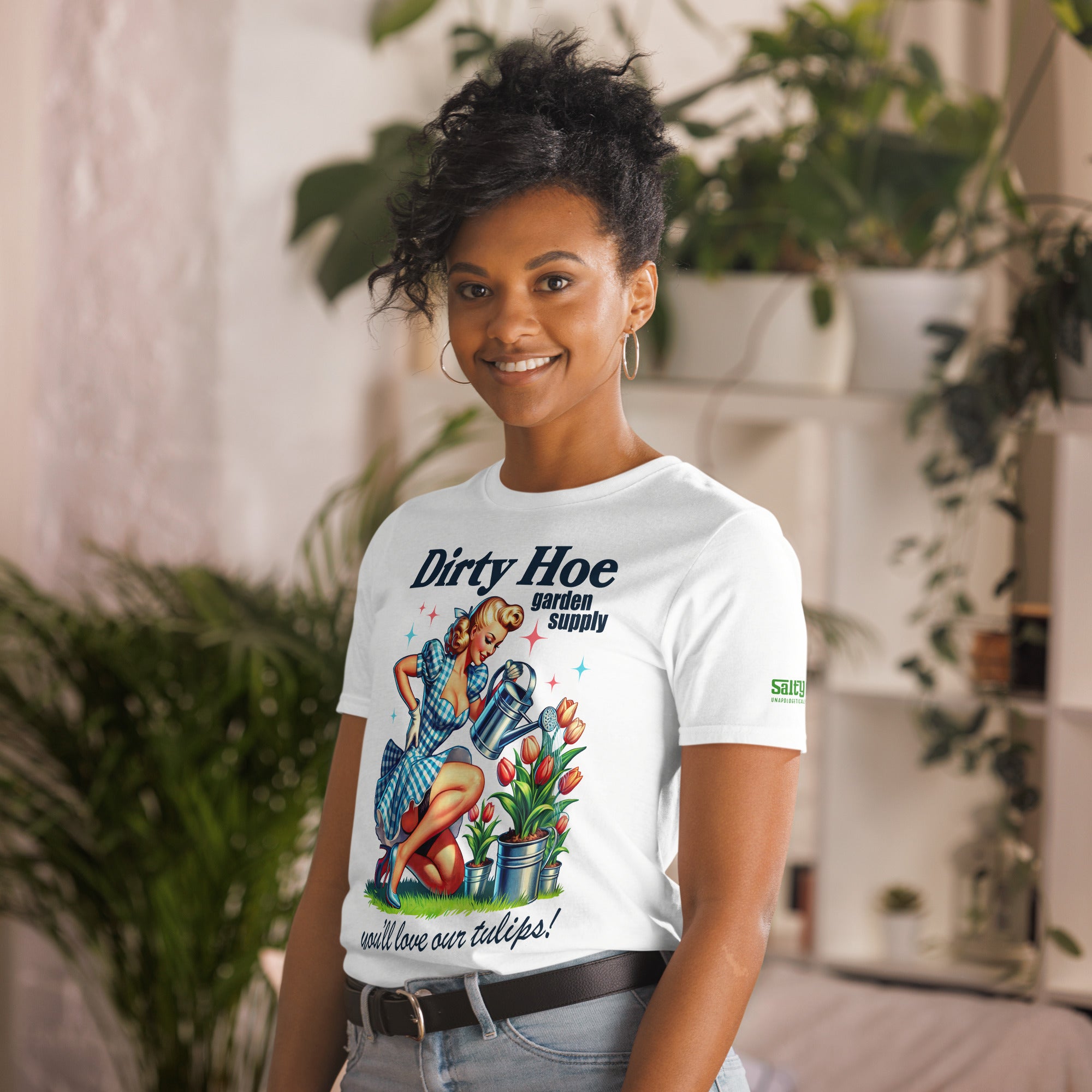 Sarcastic gardening humor tee featuring a retro woman and tulips