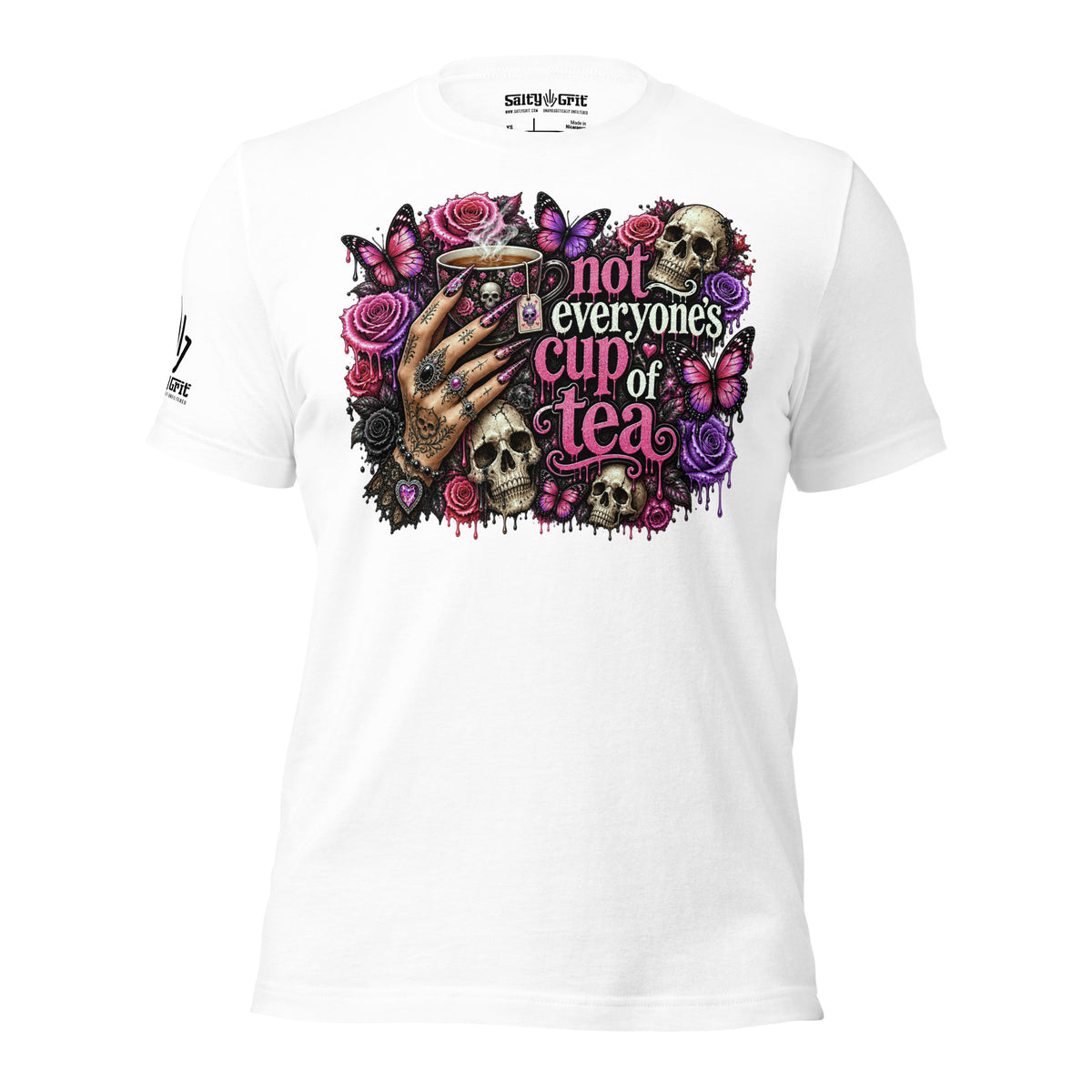 Sarcastic gift shirt for goth friends featuring skulls, roses, and dark humor
