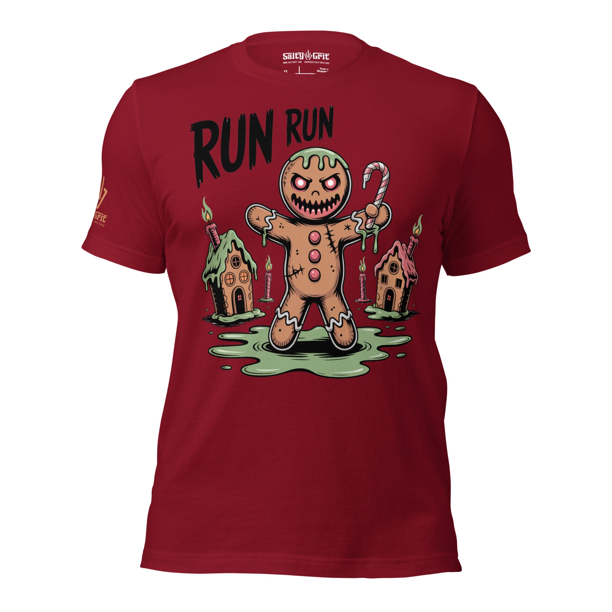 Sarcastic t-shirt featuring an evil gingerbread man running