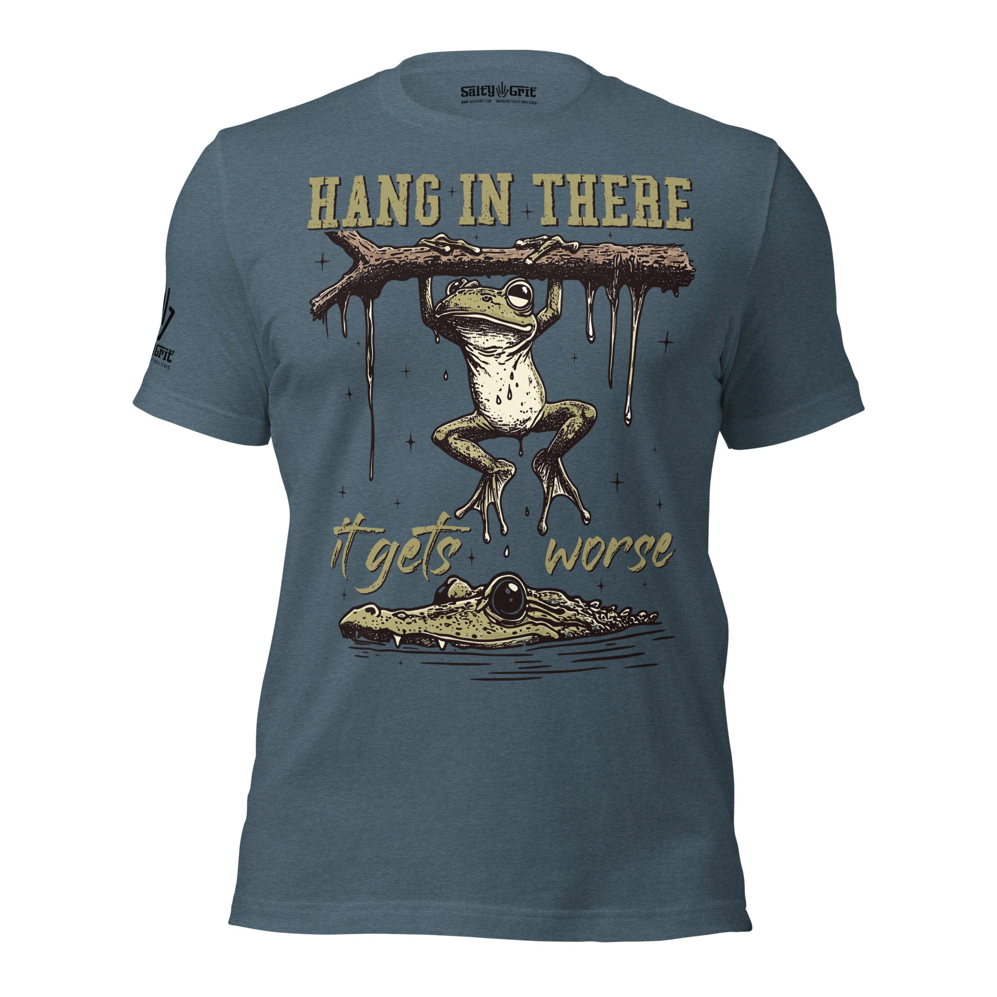 Sarcastic t-shirt featuring frog and alligator with dark humor quote