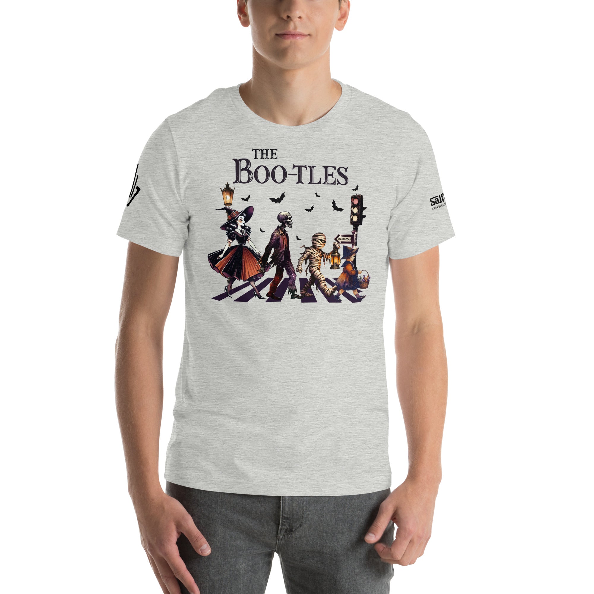 Spooky Halloween characters crossing street graphic tee