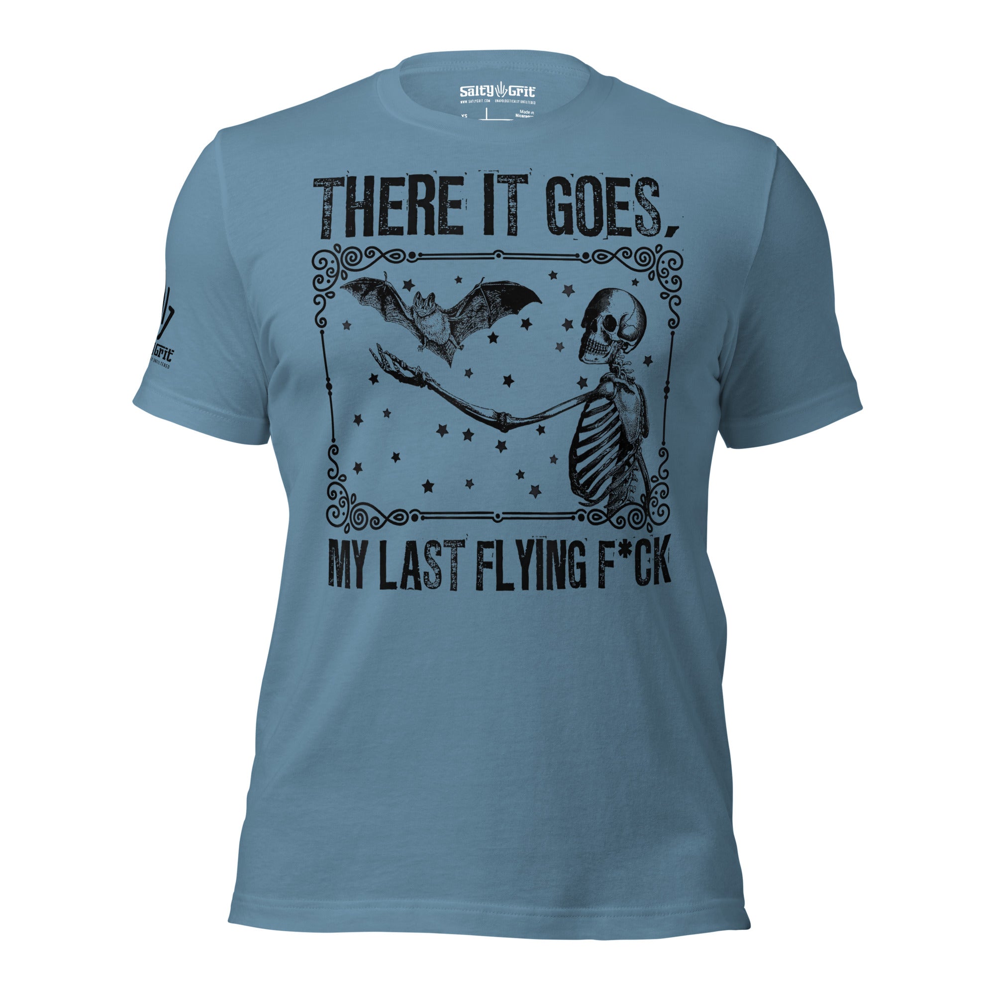 Sarcastic shirt featuring a skeleton losing its last flying fuck