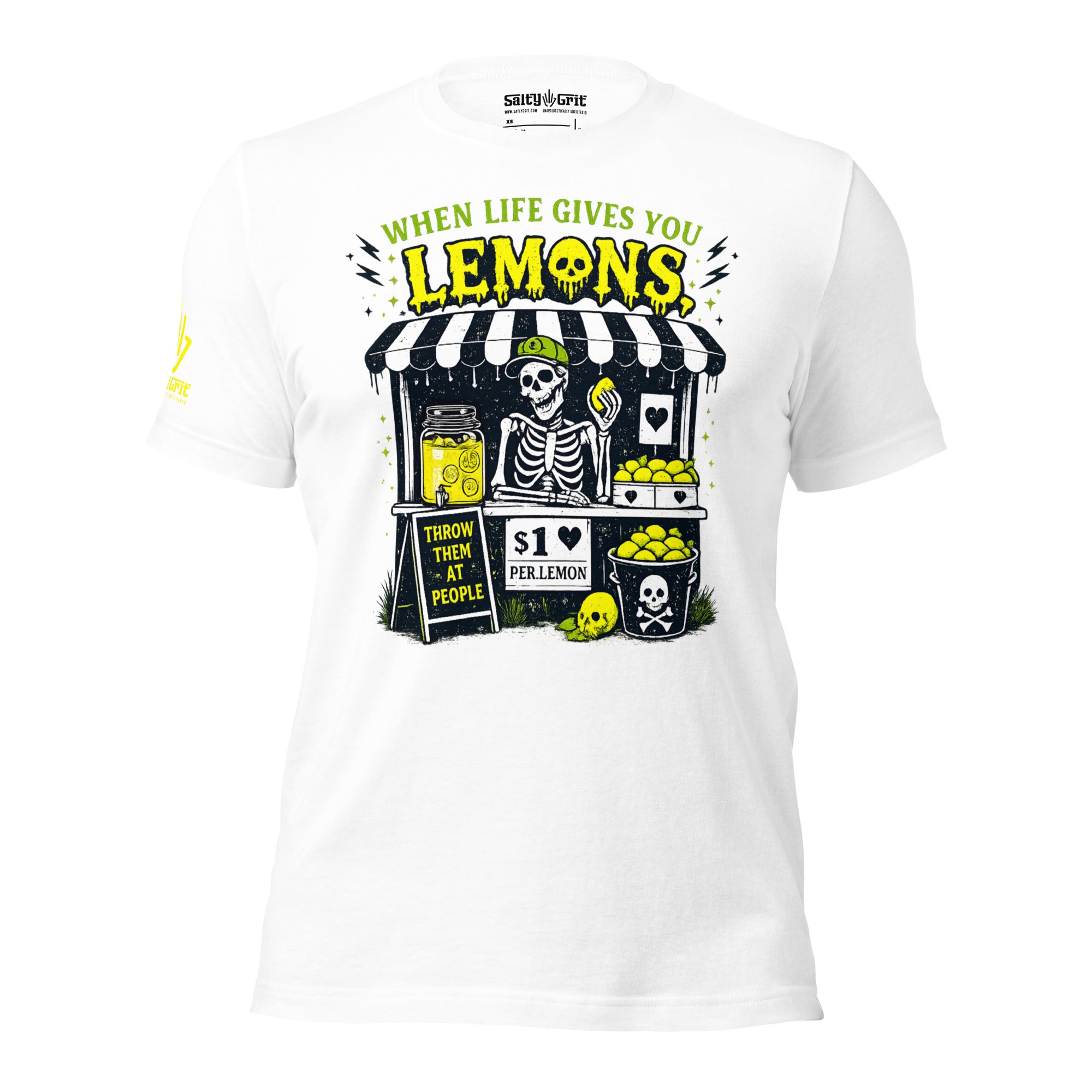 Sarcastic t-shirt with skeleton lemonade stand and lemon throwing joke