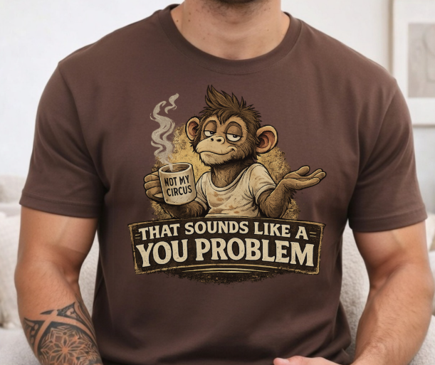 Sarcastic graphic tee featuring a monkey drinking coffee
