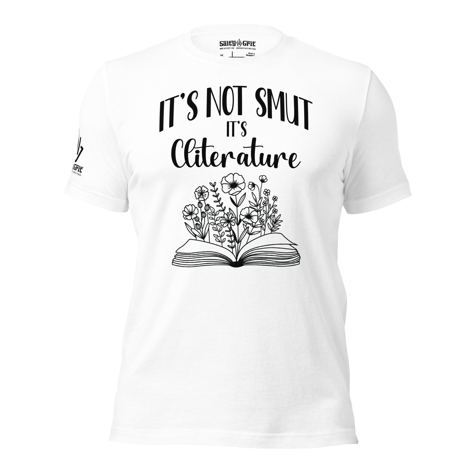 Sarcastic reading-themed t-shirt with open book and floral design