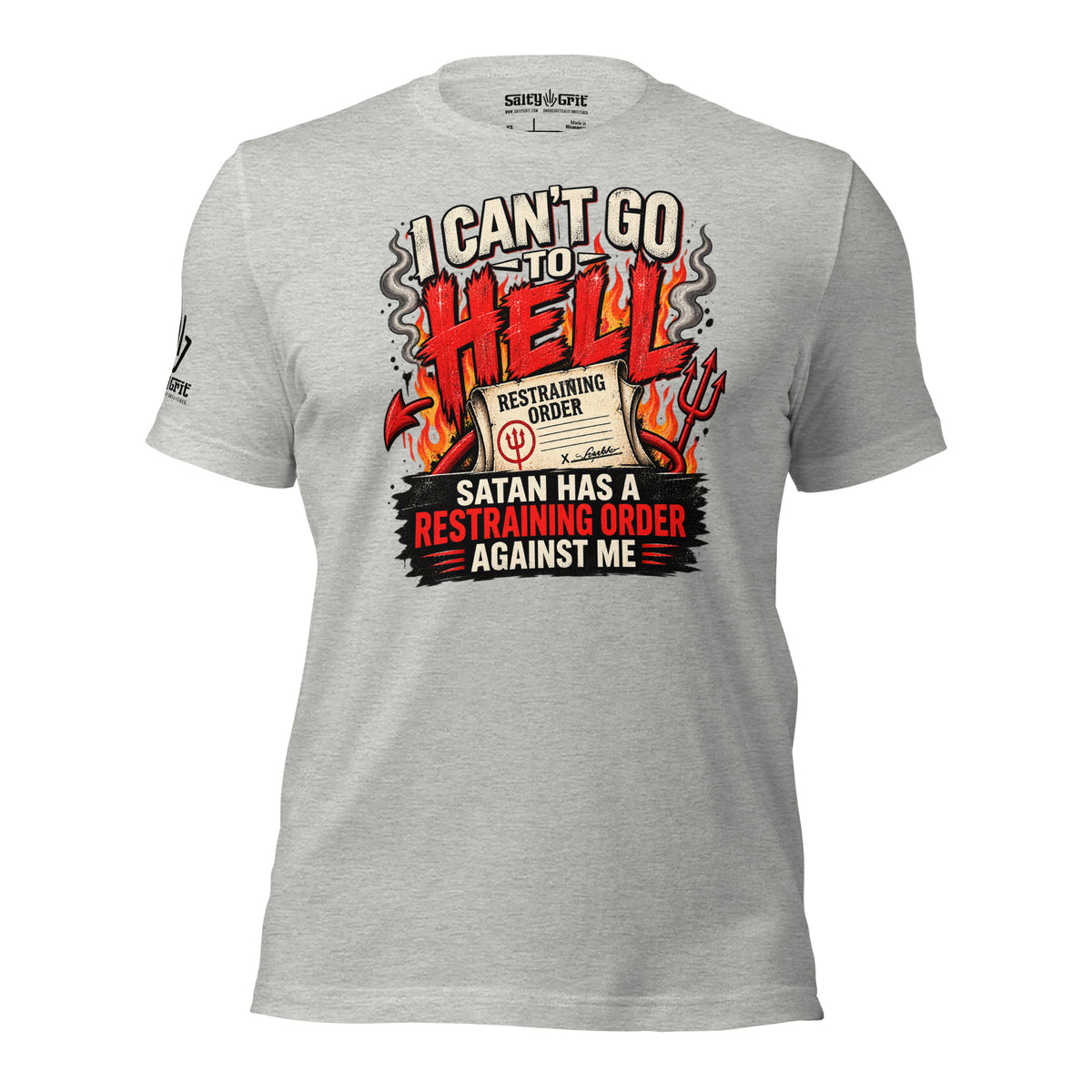 Sarcastic religious-humor shirt featuring the phrase “Satan Has a Restraining Order Against Me.”