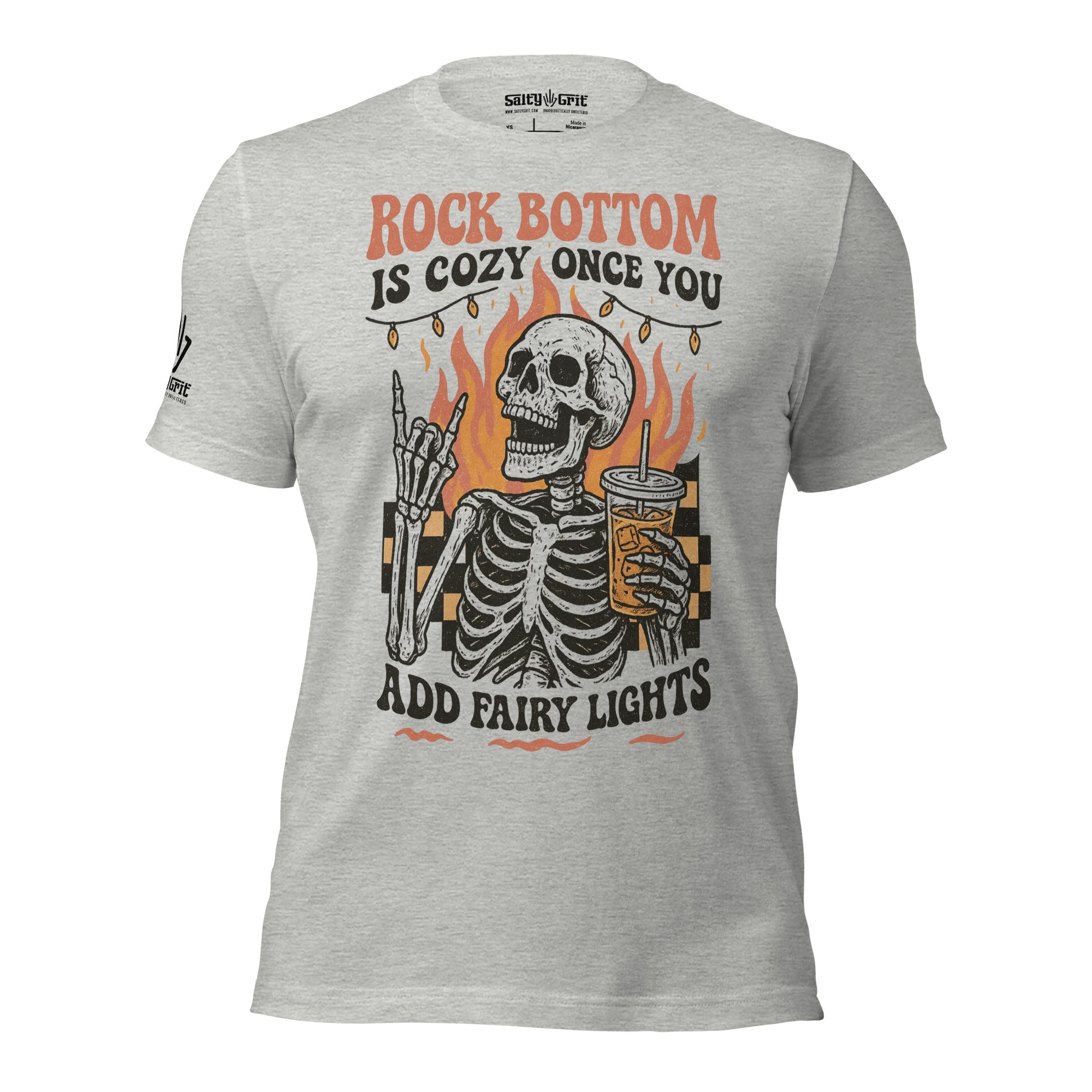 Sarcastic t-shirt saying Rock Bottom Is Cozy Once You Add Fairy Lights