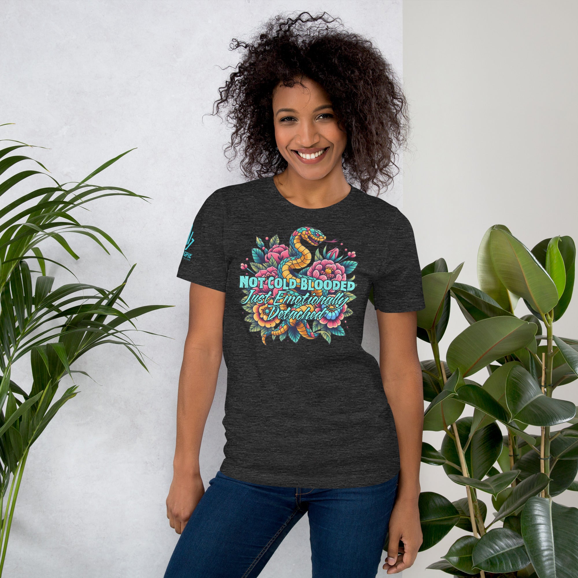 Sarcastic snake graphic tee with flowers and dark humor text