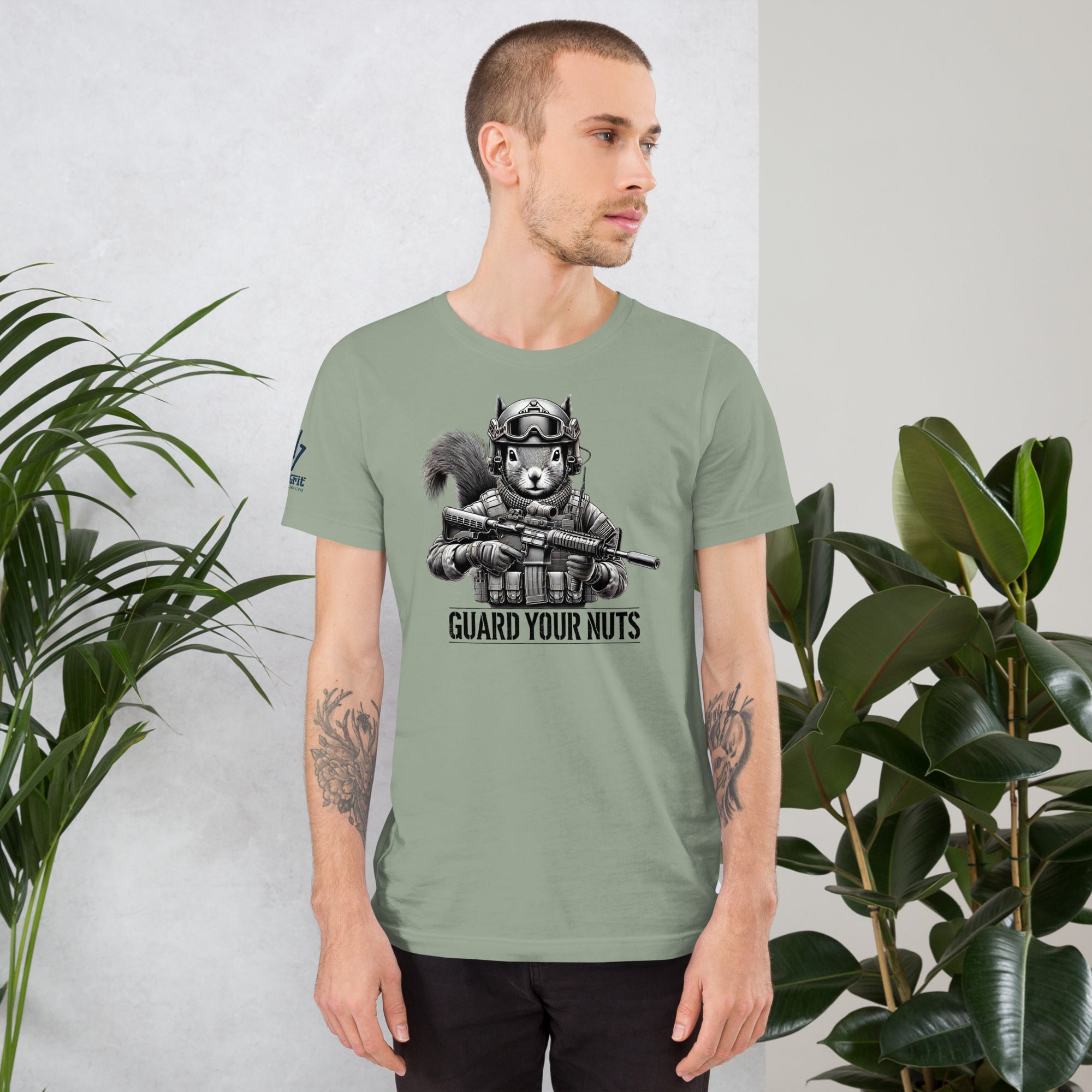 Sarcastic graphic tee with squirrel in tactical gear holding rifle