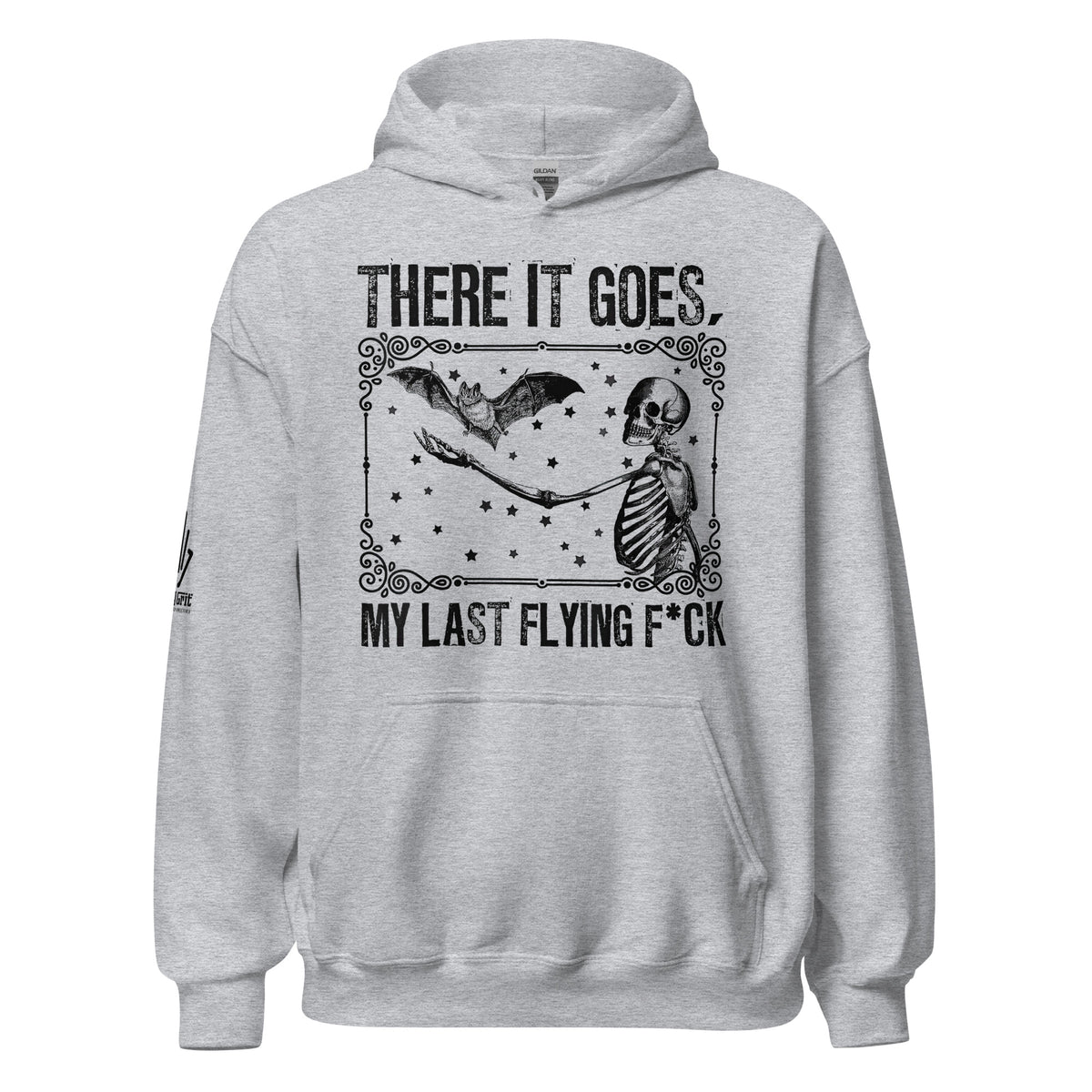 Sarcastic sweatshirt with dark humor skeleton and flying bat graphic
