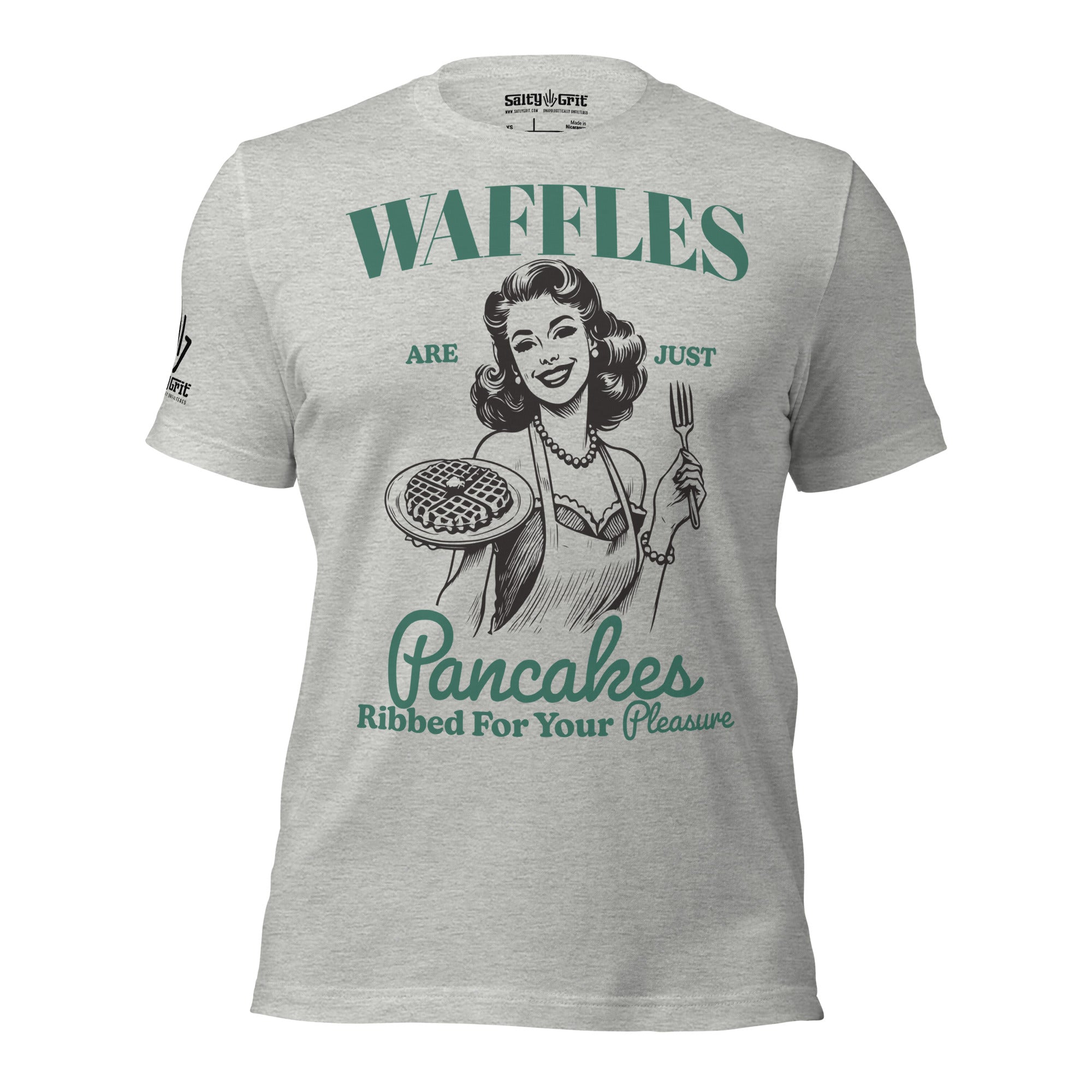Sarcastic t-shirt with waffle joke and retro illustration