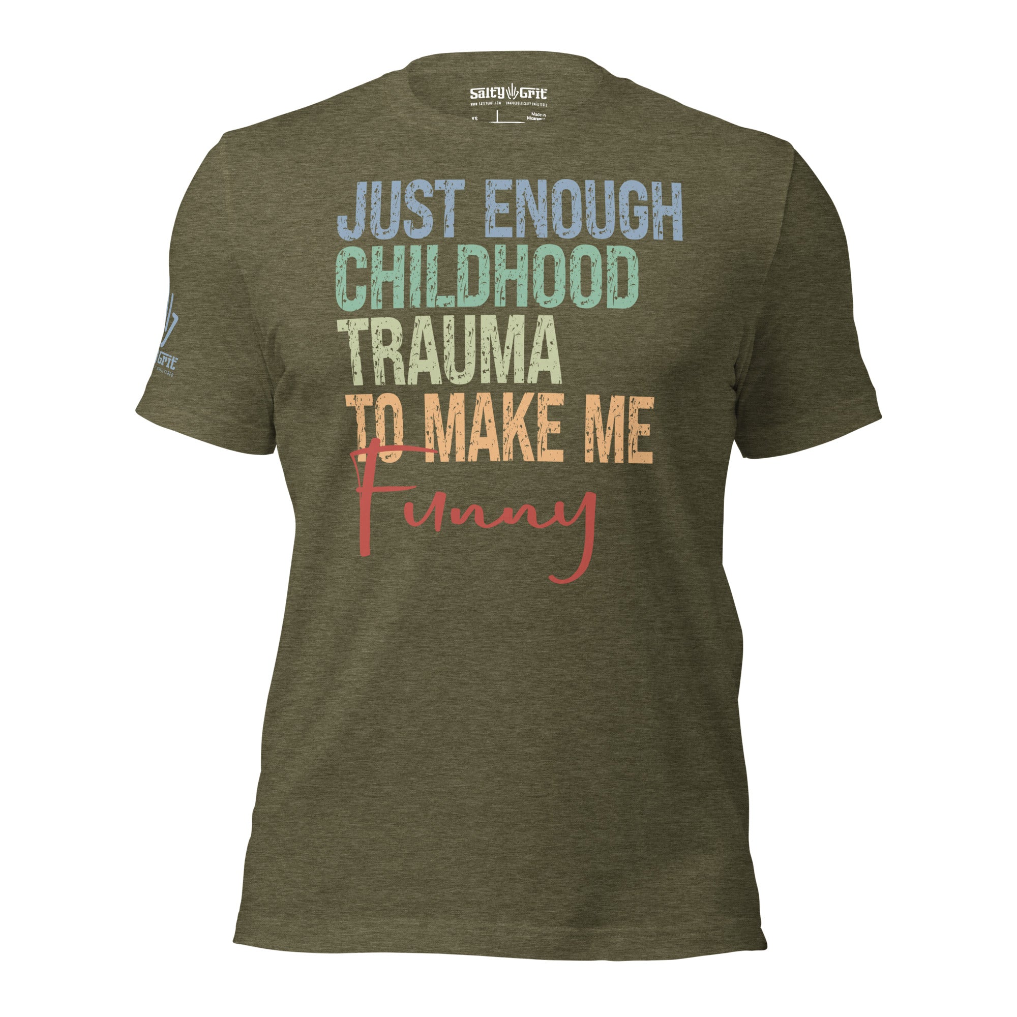 Sarcastic text tee with childhood trauma joke design