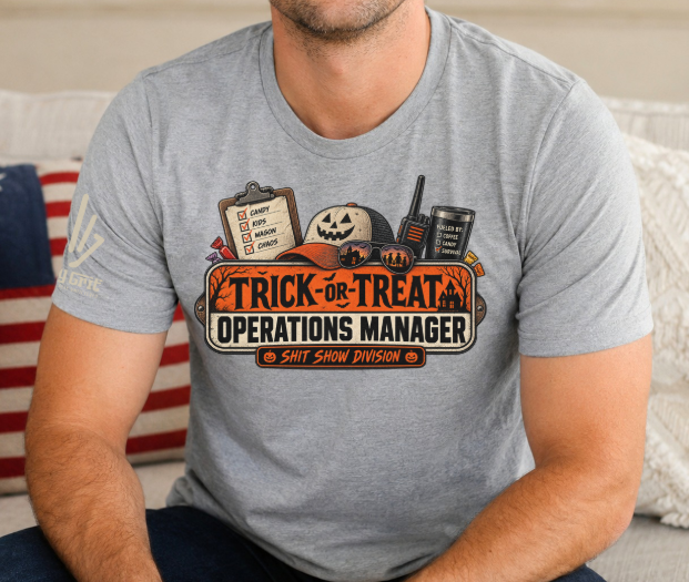 Sarcastic trick or treat shirt for parents with Halloween checklist and walkie-talkie
