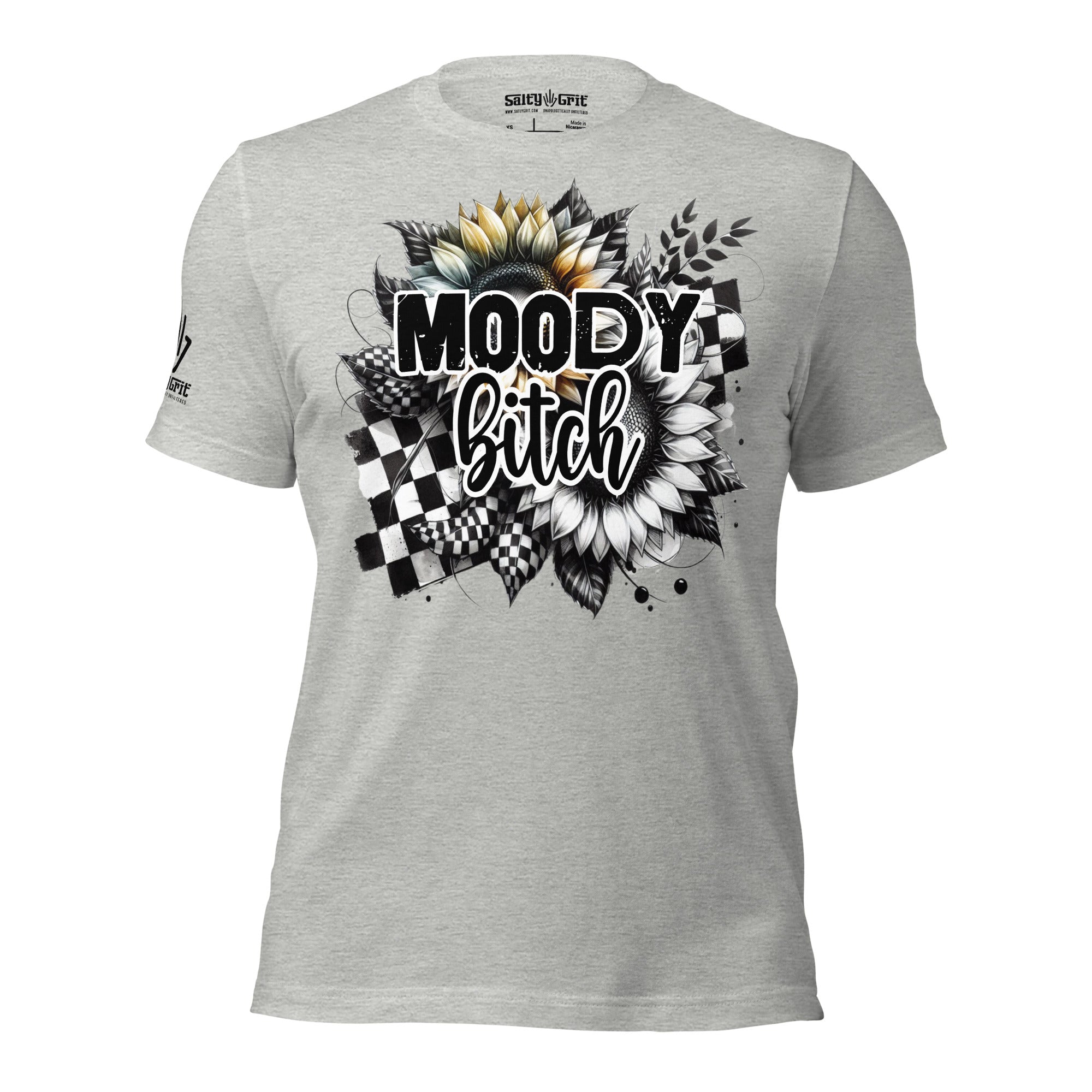 Sarcastic t-shirt with flower and checkered “Moody Bitch” print
