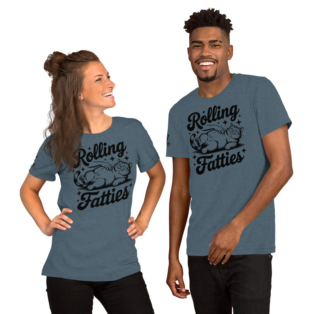 Sarcastic t-shirt with fat cat being rolled – Rolling Fatties joke shirt