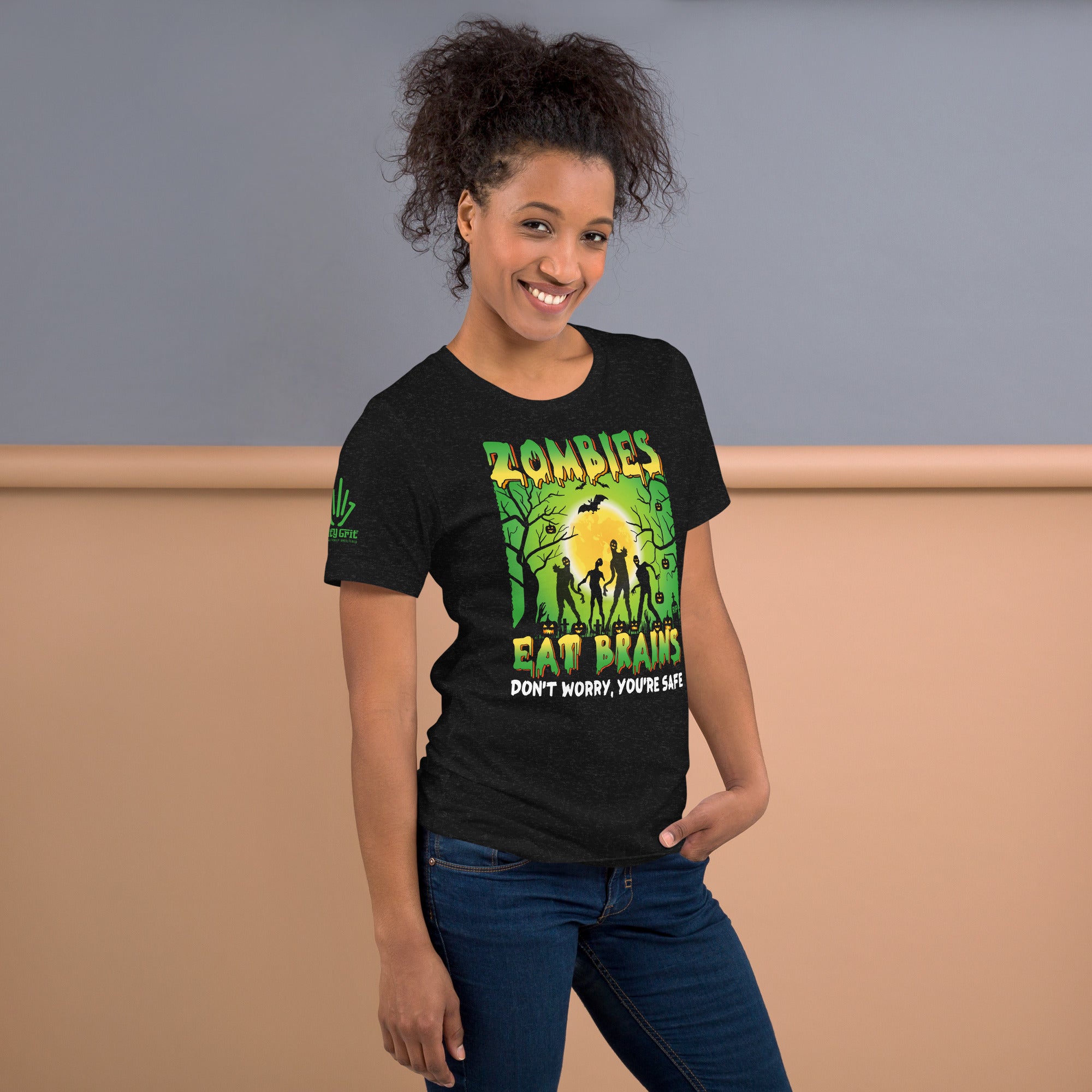 Sarcastic t-shirt with zombies eat brains message