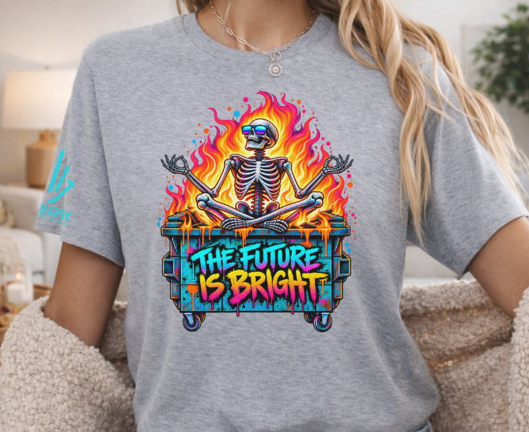 Sarcastic graphic featuring a skeleton relaxing in a dumpster surrounded by colorful flames.